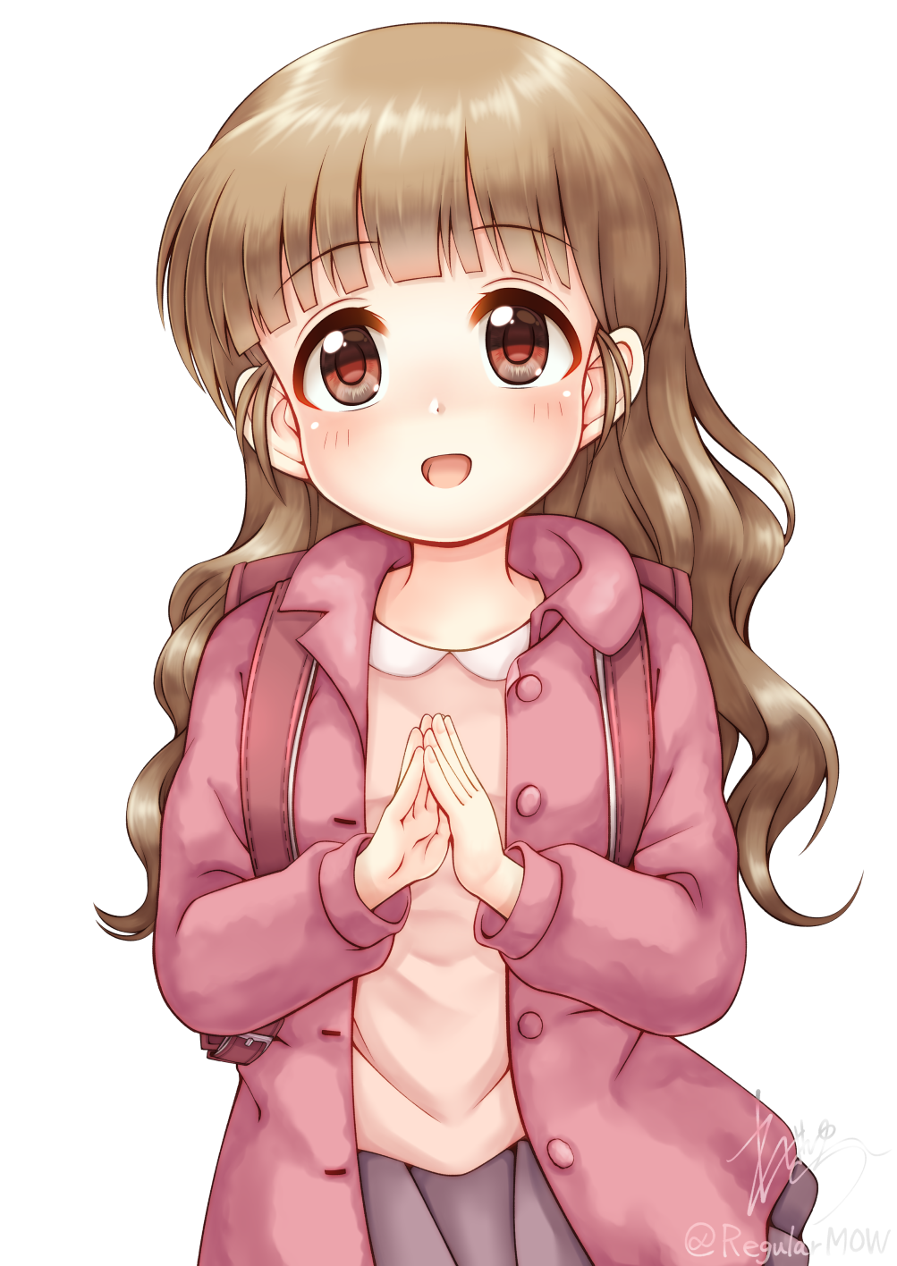 1girl :d backpack bag blush brown_eyes brown_hair brown_shirt collared_shirt commentary_request extra grey_skirt highres idolmaster idolmaster_cinderella_girls jacket long_hair open_clothes open_jacket pink_jacket pleated_skirt randoseru regular_mow shirt signature simple_background skirt smile solo steepled_fingers twitter_username very_long_hair wavy_hair white_background