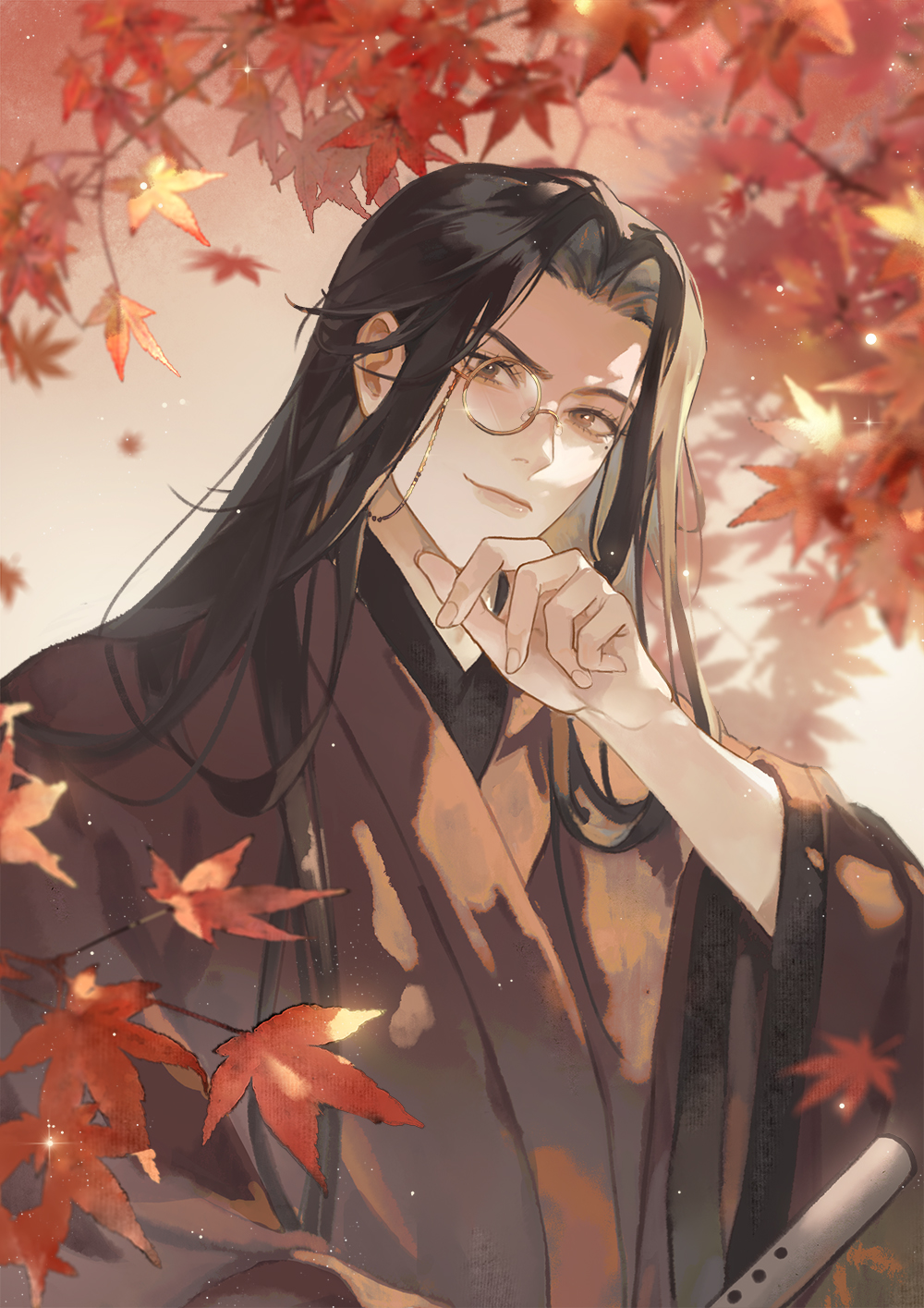 1boy bishounen black_hair branch brown_eyes brown_robe chinese_clothes chinese_commentary closed_mouth commentary_request eyelashes eyewear_strap fingernails flute glasses gu_yun haiwu_kehai hand_on_own_chin hand_up hanfu highres instrument leaf long_hair long_sleeves looking_at_viewer male_focus maple_leaf mole mole_under_eye parted_bangs robe round_eyewear sha_po_lang sidelocks smile solo sparkle upper_body wide_sleeves