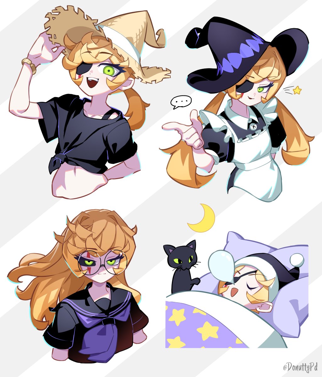 ... 1girl animal_ears apron arm_behind_back arm_up black_cat black_shirt blanket blonde_hair bracelet buttons cat cat_ears closed_eyes crescent curly_hair donuttypd expressions eyepatch gabrielle_(donuttypd) glasses grabbing green_eyes hand_on_headwear hand_up hat highres jewelry knot long_hair looking_at_another looking_at_viewer looking_down looking_to_the_side looking_up lying magician maid maid_apron medium_hair moon no_headwear nose_bubble open_mouth open_smile original pillow pointing ponytail puffy_short_sleeves puffy_sleeves round_eyewear sailor_collar scar school_uniform shaded_face shirt short_sleeves sleeping smile star_(symbol) straw_hat striped striped_background whiskers