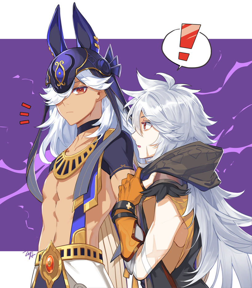 ! 2boys abs animal_ears bishounen cyno_(genshin_impact) dark-skinned_male dark_skin genshin_impact grey_hair hood long_hair male_focus multiple_boys purple_background razor_(genshin_impact) red_eyes scar scar_on_face simple_background tagme toned toned_male tooaya