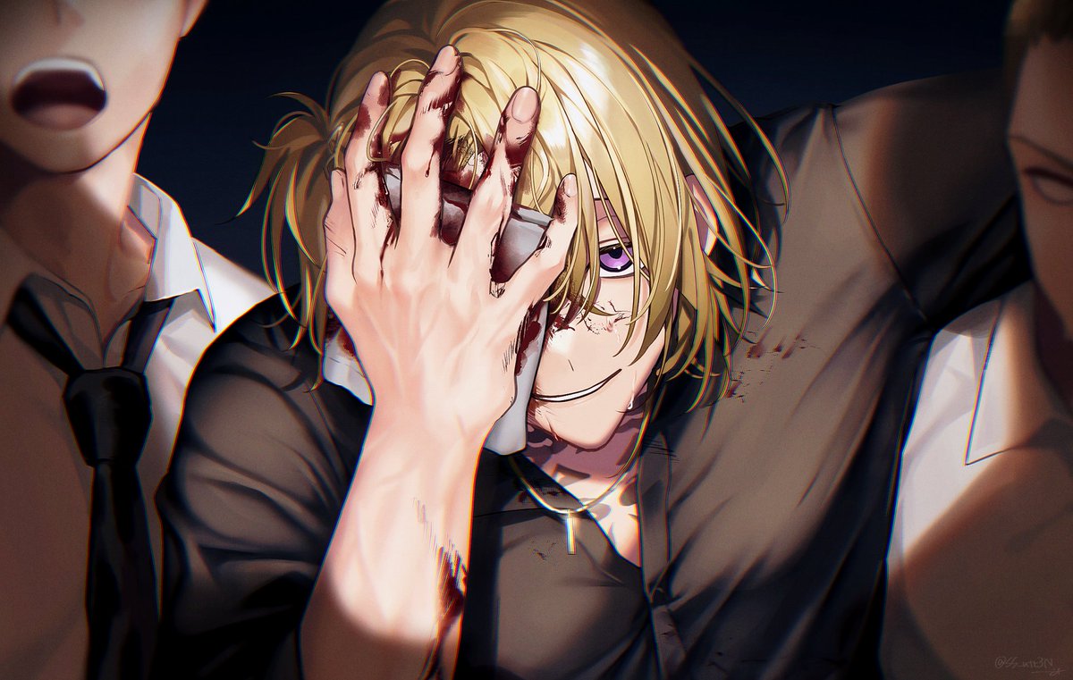 3boys black_necktie black_shirt bleeding blonde_hair blood blood_on_clothes blood_on_face blood_on_hands chest_tattoo collared_shirt commentary covering_one_eye english_commentary hair_between_eyes hand_up injury jewelry long_sleeves looking_at_viewer luca_kaneshiro luca_kaneshiro_(1st_costume) male_focus multiple_boys necklace necktie nijisanji nijisanji_en one_eye_covered open_mouth parted_lips rag shirt short_hair short_sidetail sidelocks sleeves_rolled_up smile solo_focus ss_utr3n tattoo teeth upper_body upper_teeth_only violet_eyes virtual_youtuber white_shirt wing_collar