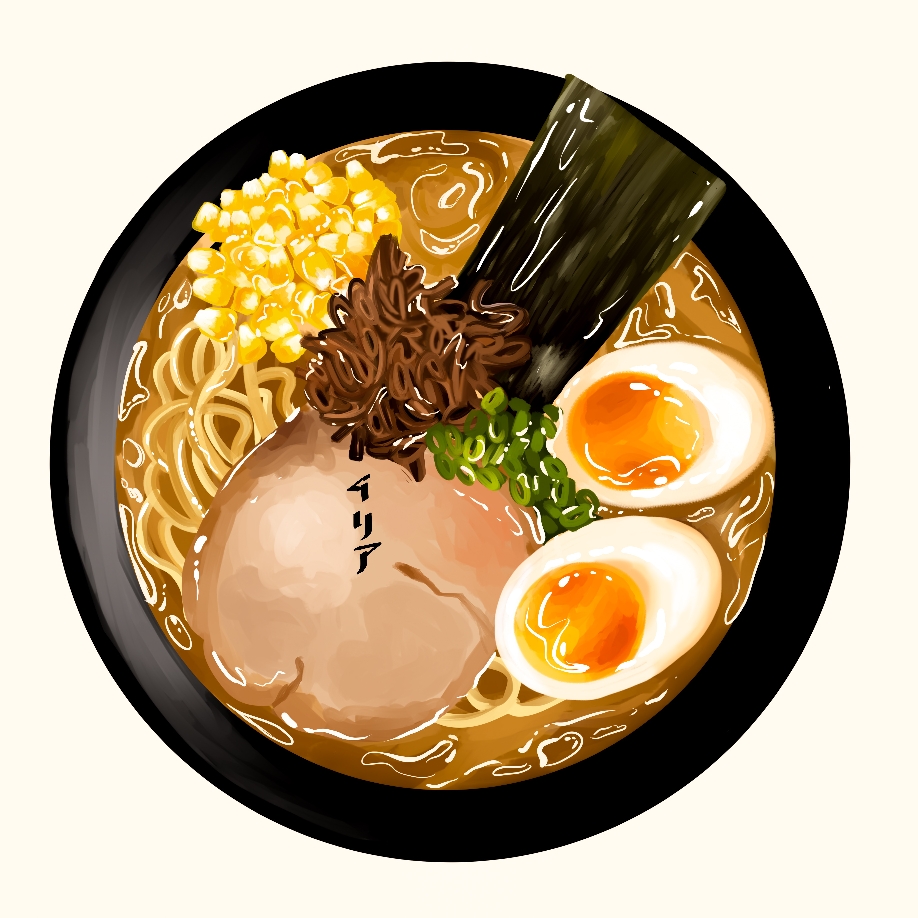 bowl corn egg_(food) food food_focus meat mitsuba97 no_humans noodles nori_(seaweed) original ramen simple_background still_life tan_background