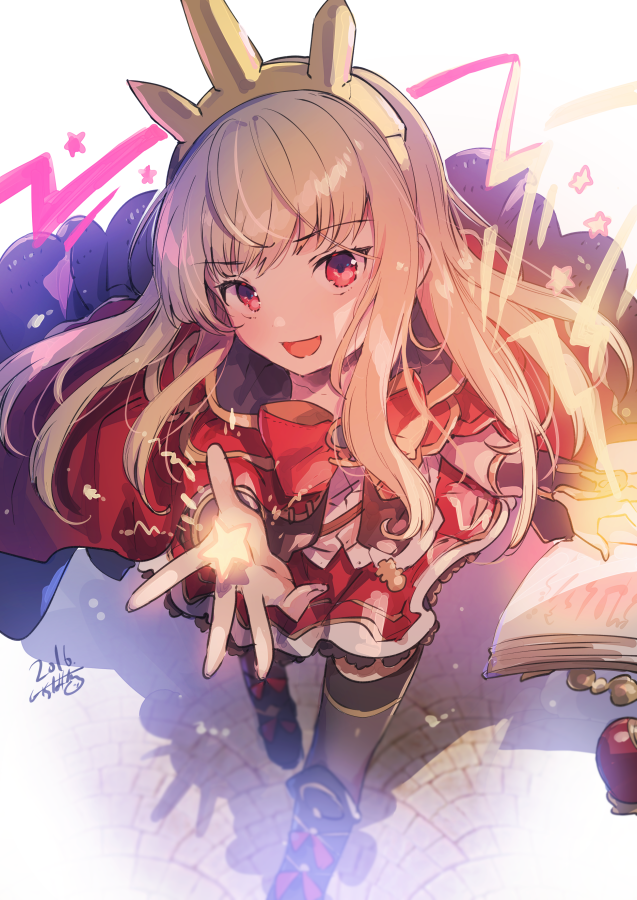 1girl blonde_hair book bow cagliostro_(granblue_fantasy) cape crown floating floating_book floating_object granblue_fantasy hairband ichihaya long_hair no_nose open_mouth red_eyes solo spiked_hairband spikes star_(symbol) thigh-highs walking