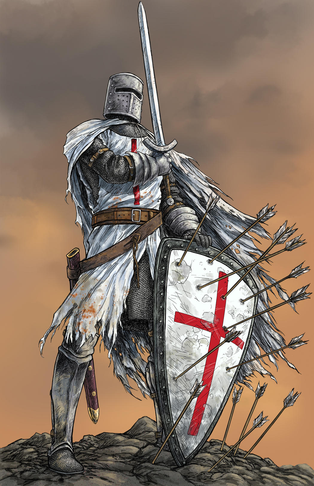 1other ambiguous_gender armor arrow_(projectile) belt belt_buckle boots brettbarkley brown_belt buckle cape capelet chainmail clouds cloudy_sky commentary covered_face cross damaged dirty dirty_clothes english_commentary european_clothes facing_viewer full_armor full_body gauntlets grey_footwear grey_headwear grey_sky helmet highres holding holding_sword holding_weapon knight knights_templar latin_cross medieval on_rock orange_sky original other_focus outdoors rock scabbard scratches sheath shield sky solo standing sword tabard torn_cape torn_clothes weapon white_cape white_capelet white_tabard