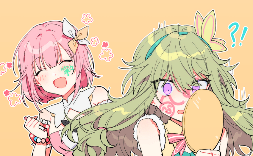 2girls bow bowtie bracelet buchu14569590 butterfly_hair_ornament closed_eyes detached_sleeves drawing_on_another's_face dress green_hair green_hairband green_vest hair_ornament hairband hand_mirror jewelry kusanagi_nene looking_at_mirror mirror multiple_girls ootori_emu pink_bow pink_bowtie pink_dress pink_hair project_sekai puffy_short_sleeves puffy_sleeves short_hair short_sleeves sidelocks simple_background upper_body vest violet_eyes yellow_background