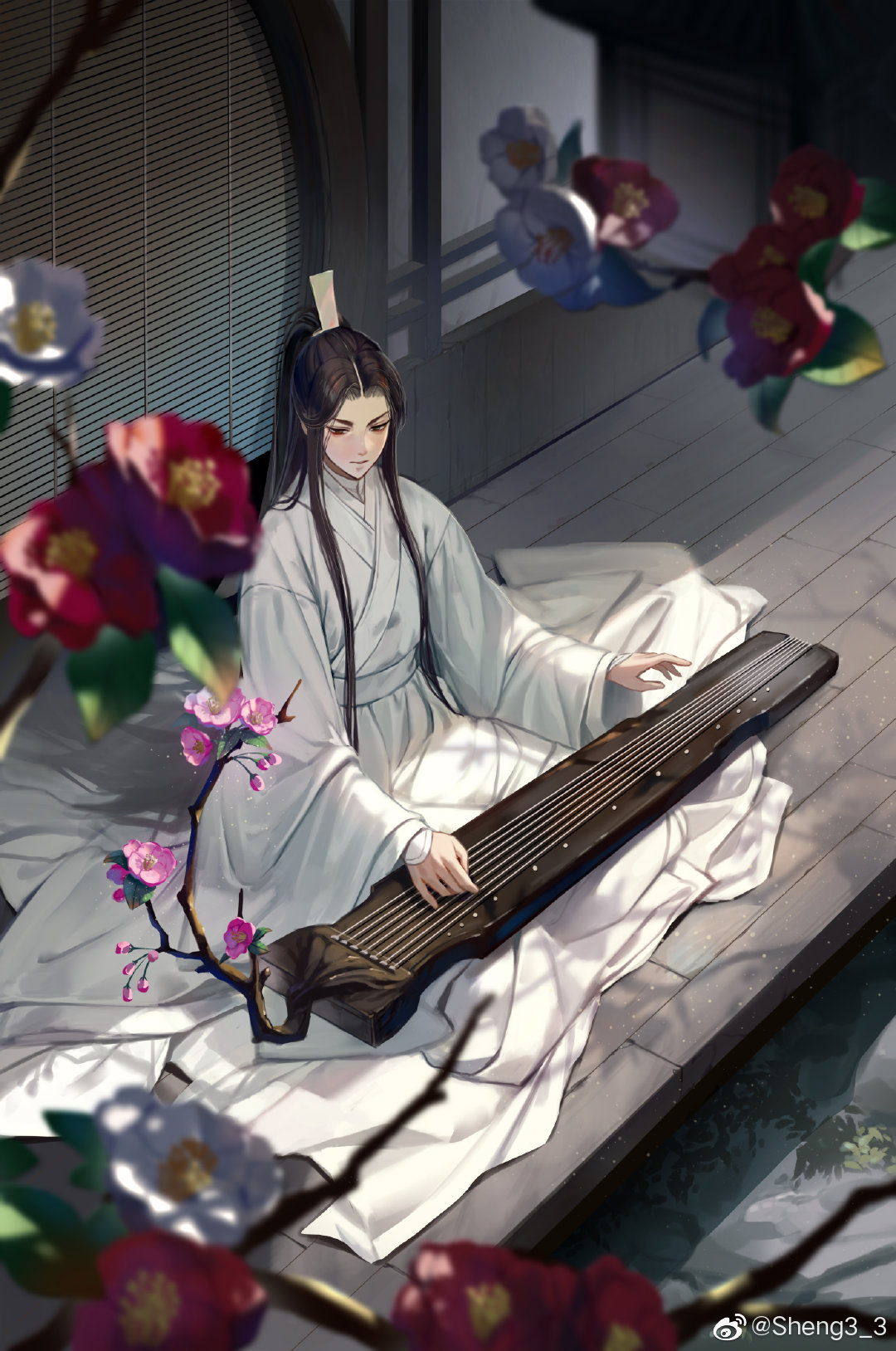 1boy artist_name bishounen black_hair blurry blurry_foreground blush branch camellia chinese_clothes chu_wanning closed_mouth commentary_request erha_he_tadebai_mao_shizun flower grass guqin hair_ornament hanfu high_ponytail highres instrument light_particles long_hair long_sleeves looking_down male_focus music parted_bangs pink_flower playing_instrument ponytail red_flower robe rock sheng3_3 sidelocks sitting solo vambraces veranda weibo_logo weibo_username white_flower white_robe wide_sleeves