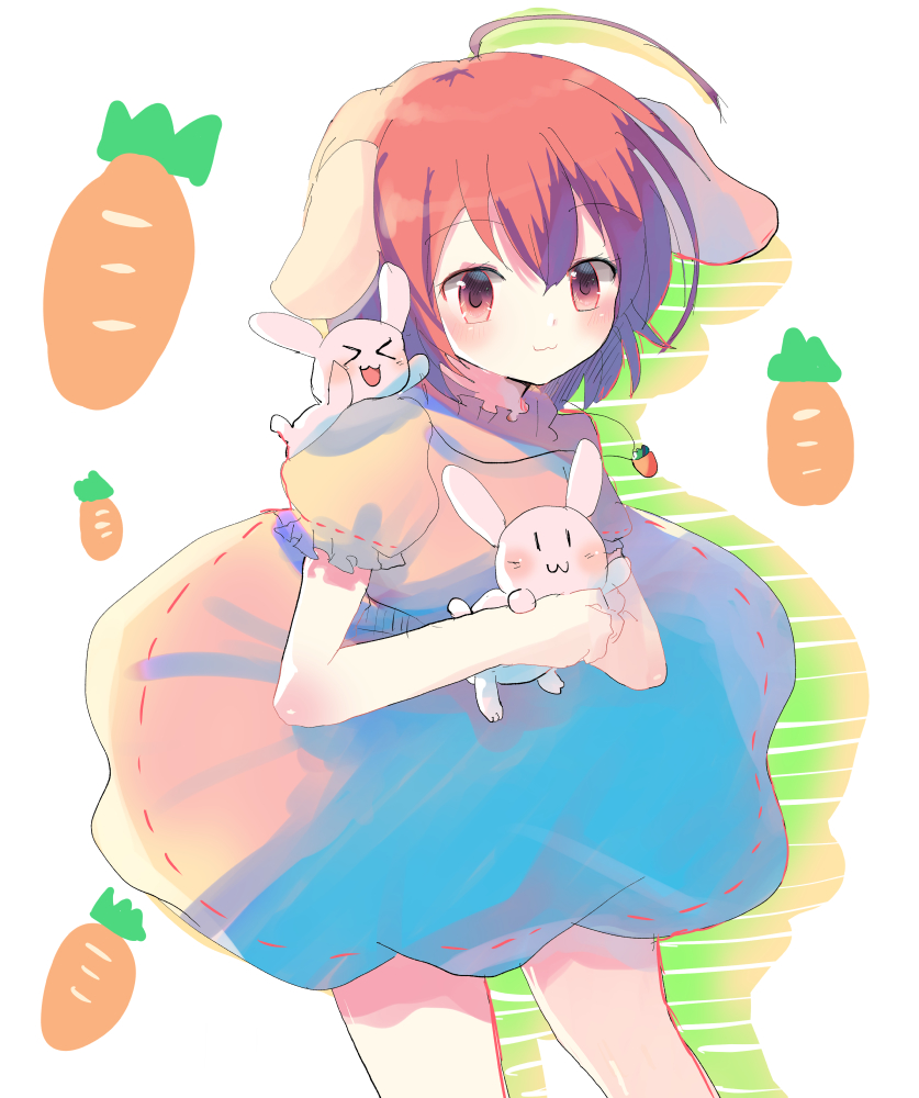 &gt;_&lt; 1girl :3 :d carrot_necklace commentary_request dress inaba_tewi jewelry ke-a-ru necklace petite pink_dress pink_eyes rabbit smile solo touhou xd
