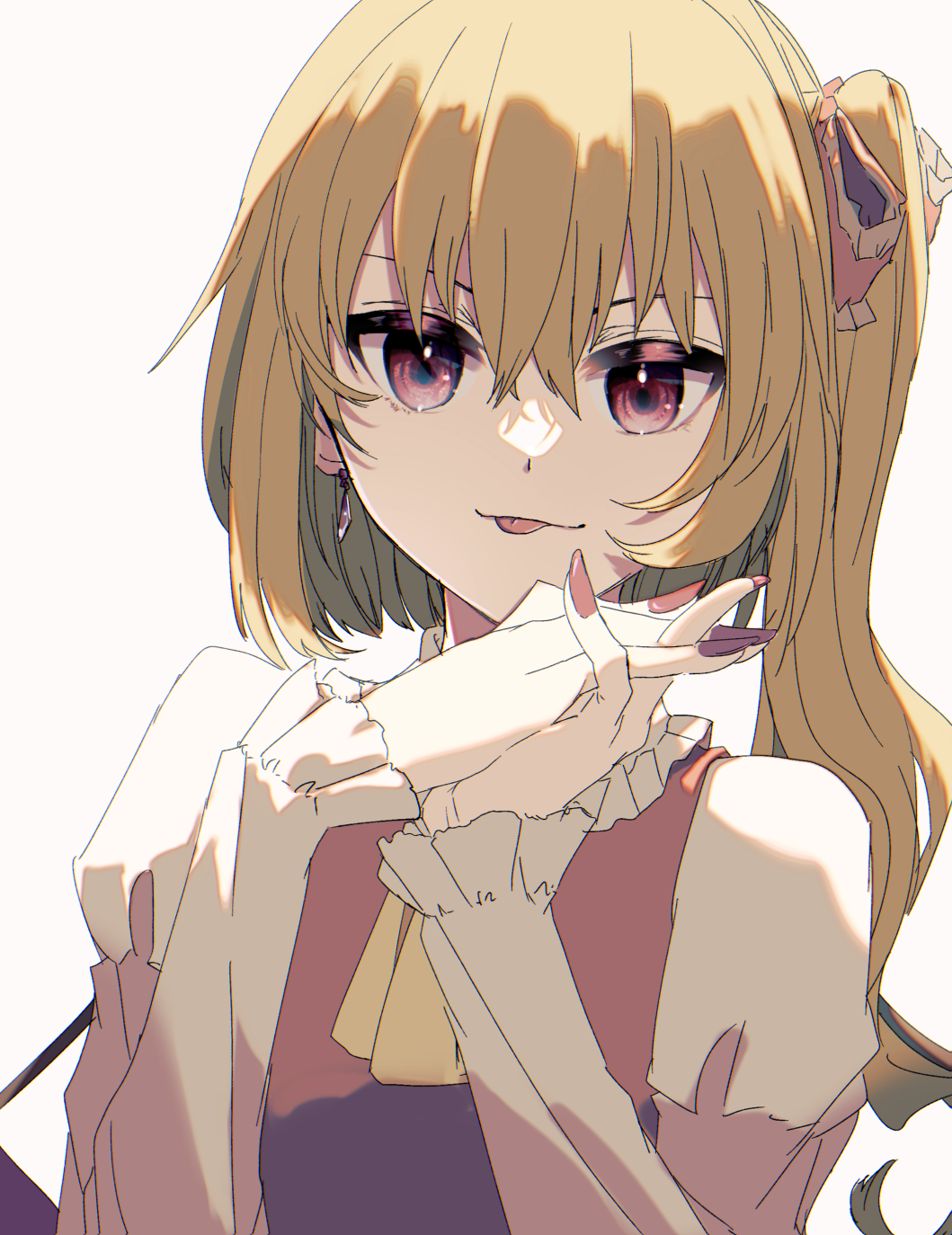 1girl aoi_(annbi) ascot blonde_hair bow closed_mouth collared_shirt crystal earrings fingernails flandre_scarlet frilled_bow frilled_sleeves frills hair_between_eyes hair_bow hands_up highres interlocked_fingers jewelry long_hair long_sleeves looking_at_viewer nail_polish one_side_up own_hands_clasped own_hands_together purple_nails red_bow red_eyes red_nails red_vest shirt side_ponytail simple_background solo tongue tongue_out touhou upper_body vest white_background white_shirt wings yellow_ascot