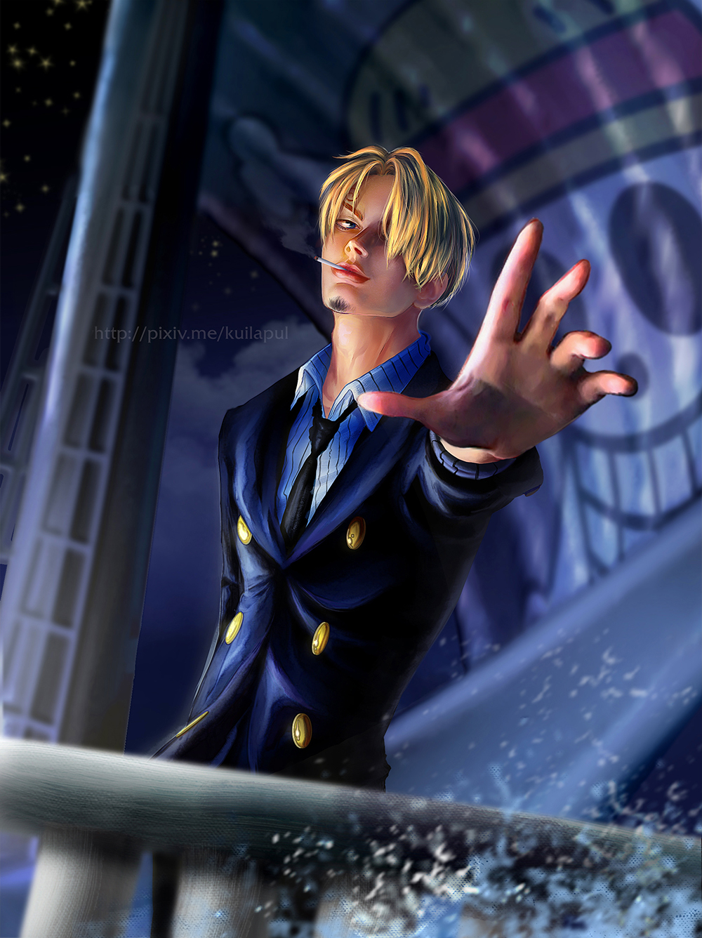 1boy asymmetrical_bangs black_necktie blonde_hair cigarette closed_mouth curly_eyebrows formal hair_over_one_eye highres jolly_roger looking_at_viewer necktie one_eye_covered one_piece realistic sanji_(one_piece) short_hair solo straw_hats_jolly_roger yibi
