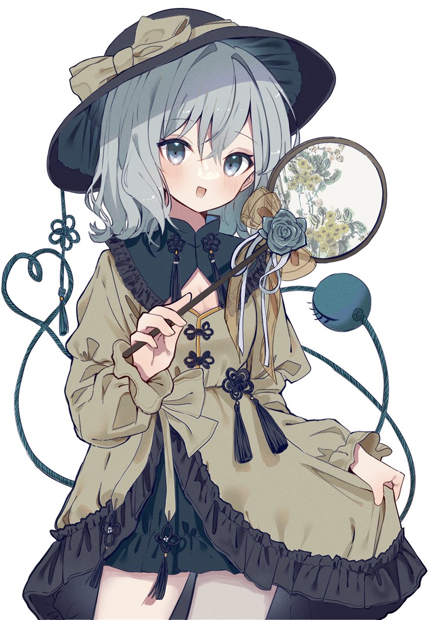 1girl black_headwear blush bow dress frilled_dress frilled_shirt_collar frilled_sleeves frills green_skirt grey_bloomers grey_eyes hand_fan hat hat_bow hat_ribbon heart heart_of_string highres holding holding_fan koishi_day komeiji_koishi light_green_hair long_sleeves looking_at_viewer medium_hair open_mouth ribbon simple_background skirt skirt_hold smile solo tamagogayu1998 tassel touhou wavy_hair white_background wide_sleeves yellow_bow yellow_dress yellow_ribbon