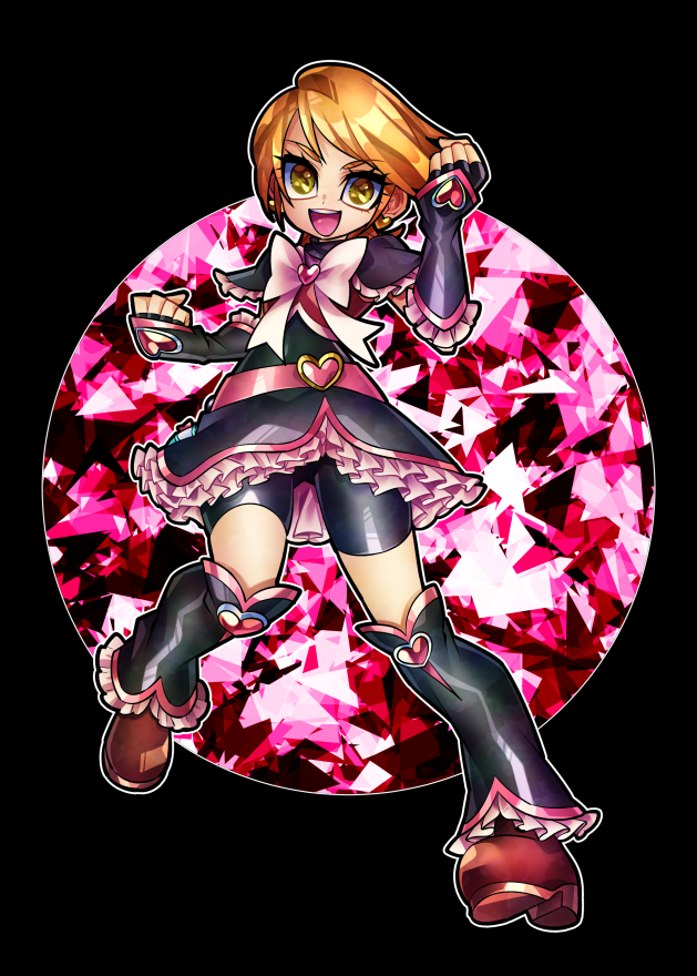 1girl arm_warmers bike_shorts bike_shorts_under_skirt black_background blonde_hair bow brooch brown_footwear commentary_request crystal cure_black cure_black_pose earrings fingerless_gloves full_body futari_wa_precure gloves heart heart_belt heart_brooch heart_earrings jewelry leg_warmers looking_at_viewer magical_girl misumi_nagisa open_mouth orange_hair pink_bow precure senmu_(0107) shoes short_hair short_sleeves shorts shorts_under_skirt simple_background skirt smile solo yellow_eyes