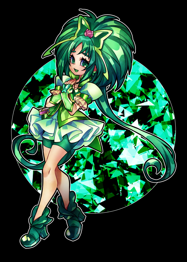 1girl akimoto_komachi bagtwintails bike_shorts bike_shorts_under_skirt black_background boots brooch butterfly_brooch butterfly_hair_ornament commentary_request crossed_arms crystal cure_mint dress earrings fingerless_gloves frills full_body gloves green_dress green_eyes green_footwear green_hair green_shorts hair_ornament heart_brooch jewelry long_hair looking_at_viewer magical_girl open_mouth precure senmu_(0107) short_sleeves shorts shorts_under_skirt simple_background smile solo very_long_hair wide_ponytail yes!_precure_5