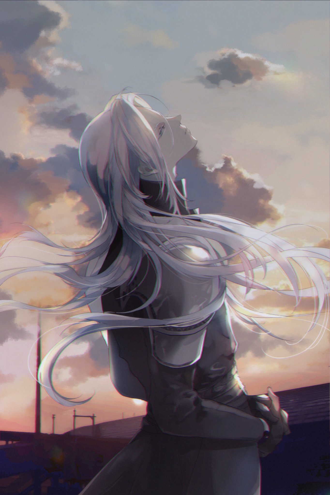 1boy armor black_gloves black_jacket bombyxmori_ckr clouds cloudy_sky cowboy_shot final_fantasy final_fantasy_vii gloves green_eyes grey_hair highres jacket long_bangs long_hair long_jacket long_sleeves looking_back male_focus own_hands_together parted_bangs sephiroth shoulder_armor sky solo standing sunset