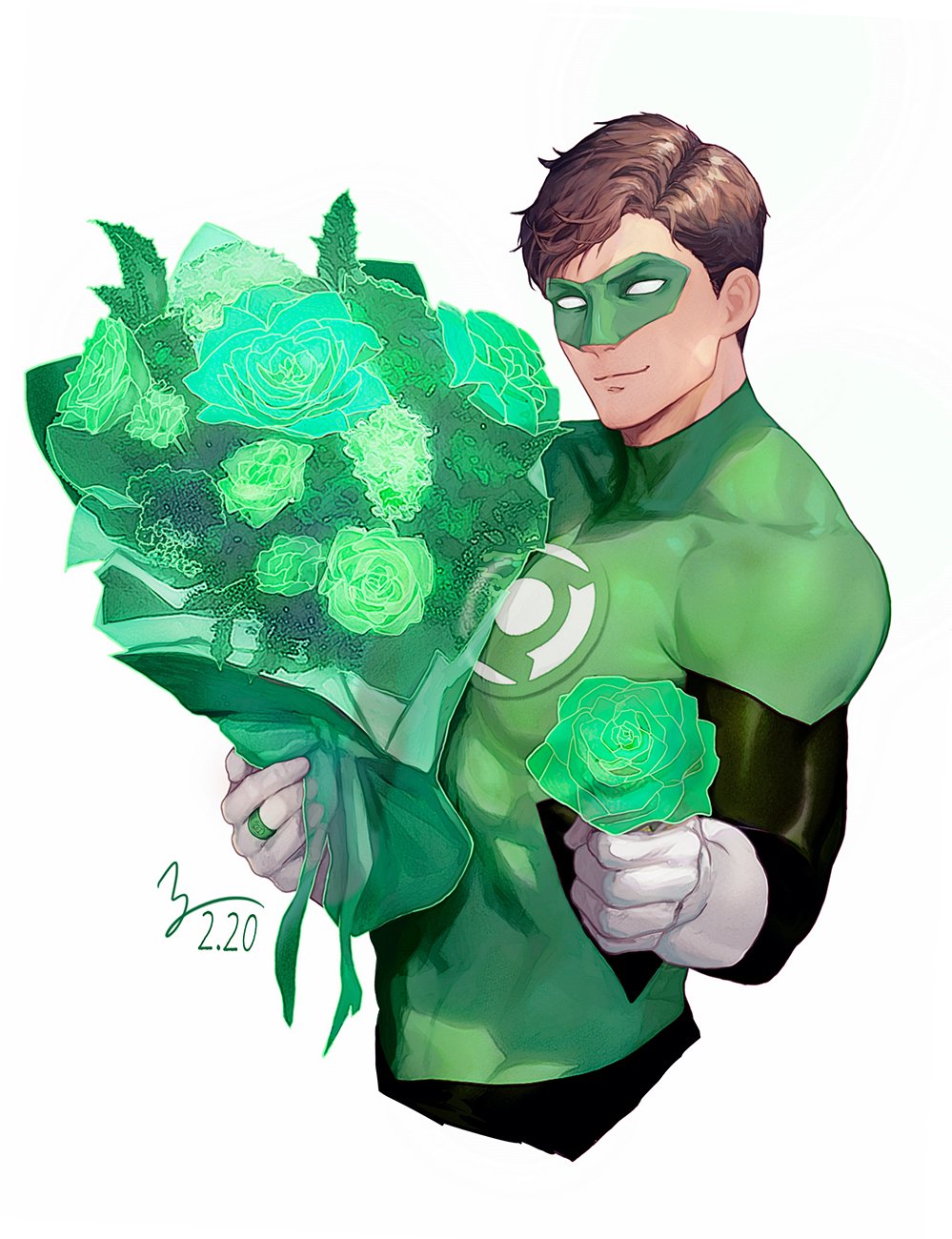 1boy black_bodysuit bodysuit bouquet brown_hair closed_mouth dated dc_comics domino_mask flower gloves green_bodysuit green_flower green_lantern_(series) green_rose hal_jordan highres holding holding_bouquet holding_flower jewelry large_pectorals male_focus mask muscular muscular_male pectorals ring rose short_hair simple_background smile solo superhero two-tone_bodysuit white_background white_gloves ykro7705