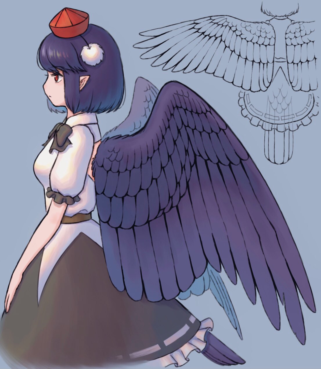 1girl bird_tail bird_wings black_hair black_ribbon black_skirt black_wings blue_background channel_ikihaji collared_shirt feathered_wings frilled_skirt frills from_side hat highres pointy_ears pom_pom_(clothes) red_eyes red_headwear reference_sheet ribbon shameimaru_aya shirt skirt tail tail_feathers tokin_hat touhou white_shirt wings