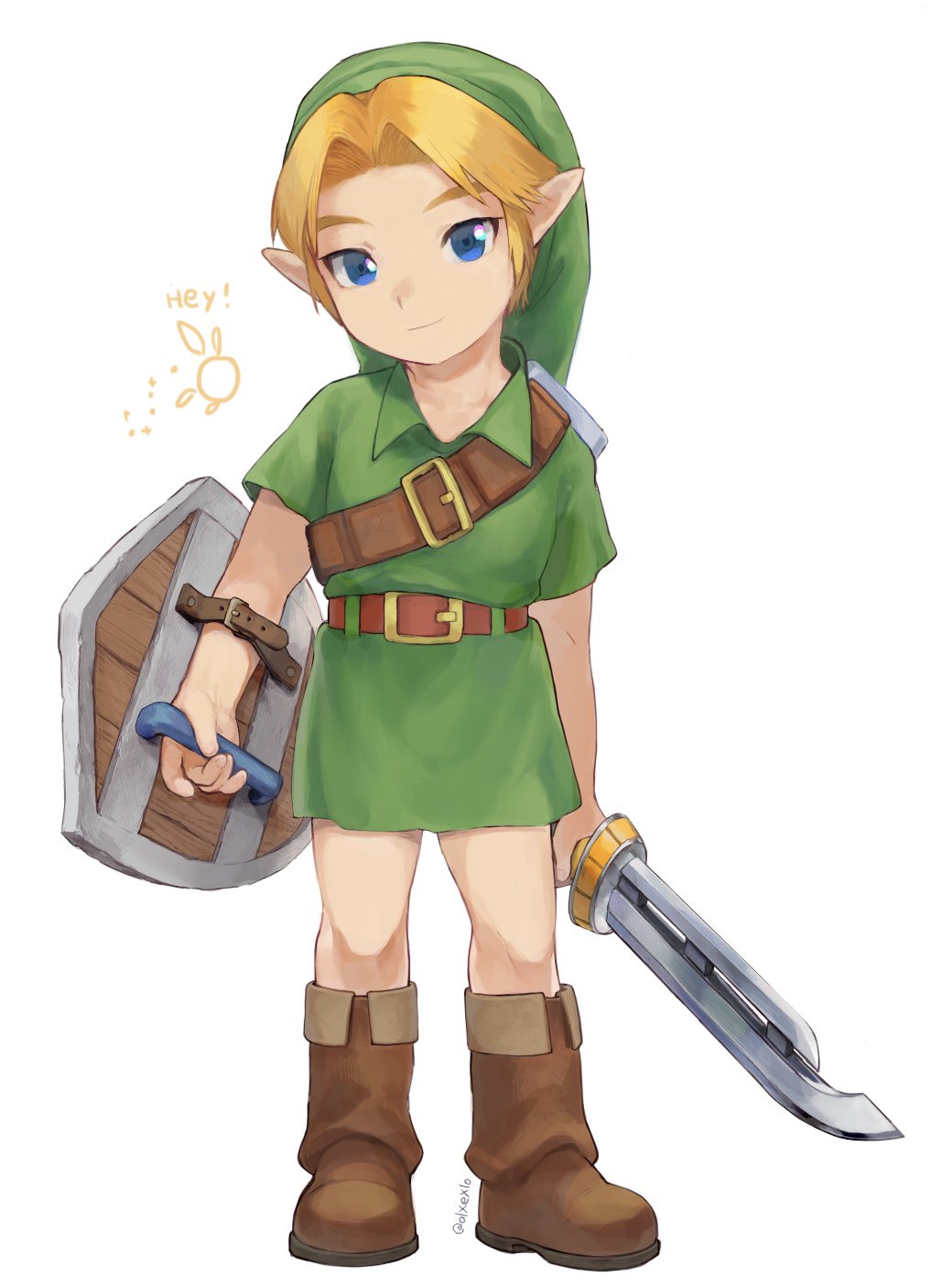 1boy belt blonde_hair blue_eyes brown_footwear commentary_request english_text green_tunic highres hylian_shield left-handed link looking_at_viewer male_child male_focus olxexlo pointy_ears shield simple_background smile solo sword the_legend_of_zelda tunic weapon white_background young_link