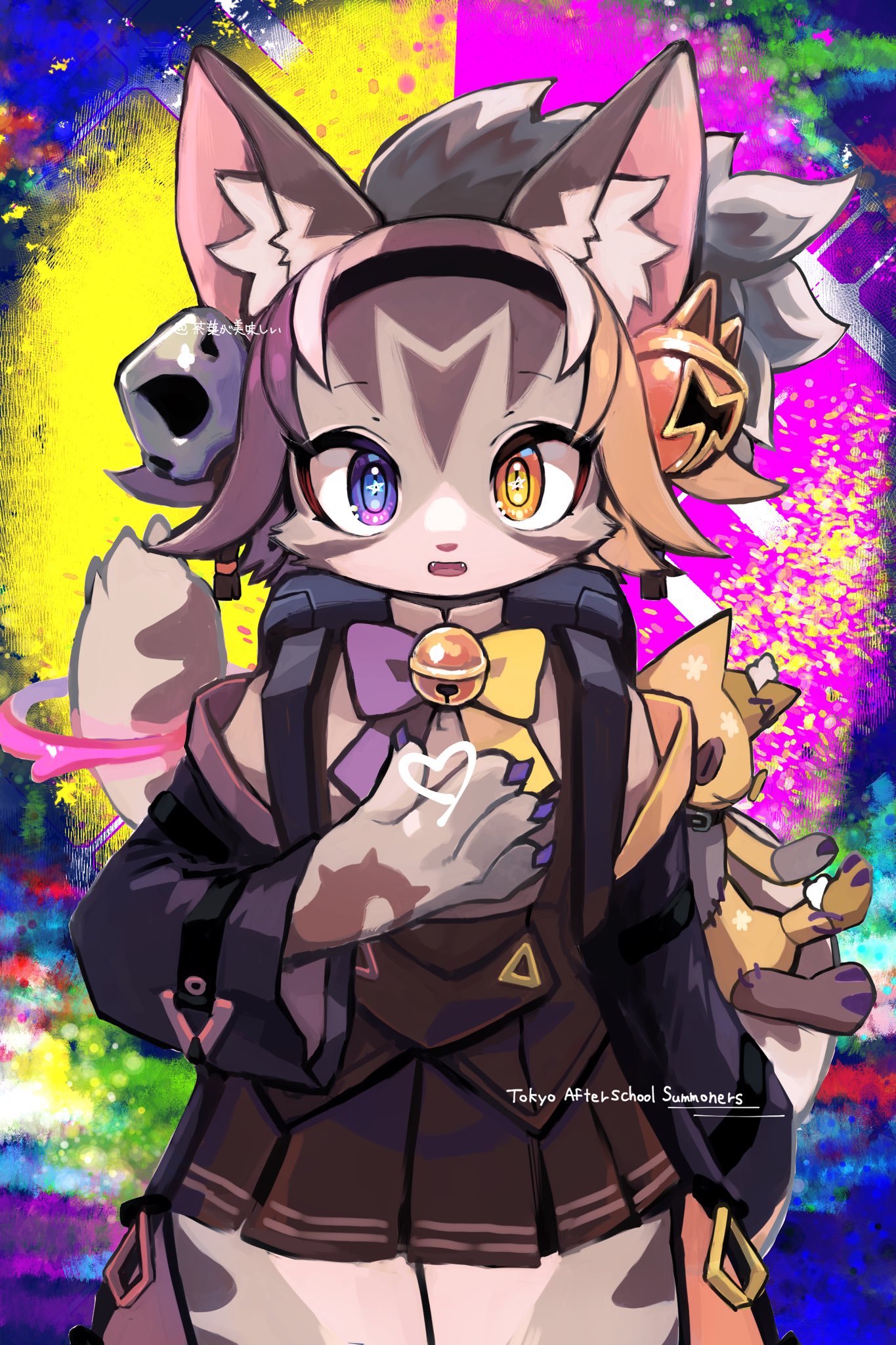 1girl animal_ear_fluff animal_ears animal_nose backpack bag bell black_hairband blonde_hair cat_ears cat_girl cat_tail chaba_ga_oishii coat commentary copyright_name fangs furry furry_female grey_fur grey_hair hair_ornament hairband hand_on_own_chest heart heterochromia high_ponytail highres jingle_bell long_hair looking_at_viewer multicolored_background multicolored_hair off-shoulder_coat off_shoulder open_mouth pleated_skirt purple_hair purple_nails quantum_(housamo) randoseru school_uniform skirt skull_hair_ornament solo star_(symbol) star_in_eye stuffed_animal stuffed_cat stuffed_toy symbol_in_eye tail tokyo_afterschool_summoners twitter_username two-tone_bowtie upper_body violet_eyes yellow_eyes