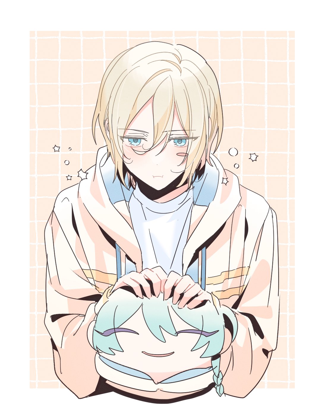 1boy blue_shirt blush character_doll closed_mouth eichi_turnr ensemble_stars! hibiki_wataru highres hood hood_down hoodie long_sleeves male_focus multicolored_background pout shirt solo tenshouin_eichi white_background yellow_background yellow_hoodie