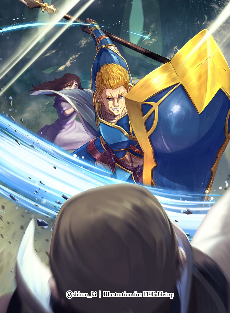 1boy 1girl artist_name black_eyes black_hair blonde_hair blue_armor blue_eyes fire_emblem fire_emblem:_path_of_radiance fire_emblem:_radiant_dawn gatrie_(fire_emblem) grin highres holding holding_polearm holding_shield holding_weapon outdoors polearm shield shiran_ki smile spear swinging weapon