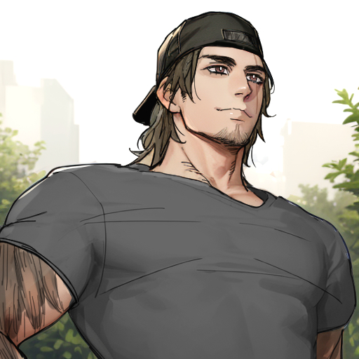 1boy arm_tattoo backwards_hat baseball_cap beard black_headwear brown_eyes brown_hair facial_hair final_fantasy final_fantasy_xv from_below gladiolus_amicitia grey_shirt hat leaf male_focus medium_hair muscular muscular_male outdoors parted_bangs scar scar_across_eye shirt short_sleeves solo tattoo tight_clothes tight_shirt upper_body yoshika_x18