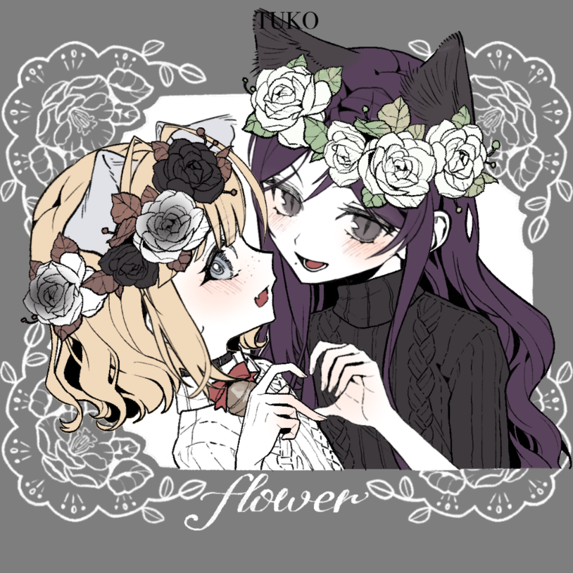 a7_(a752170096) aespa animal_ear_fluff animal_ears animification bell black_collar black_flower black_rose black_sweater blue_eyes blush border bow cat_ears chinese_commentary collar flower grey_border grey_eyes hair_behind_ear head_wreath heart heart_hands heart_hands_duo k-pop karina_(aespa) kemonomimi_mode long_hair looking_at_viewer mole mole_under_mouth neck_bell open_mouth purple_hair real_life red_bow rose short_hair slit_pupils sweater white_flower white_rose white_sweater winter_(aespa)