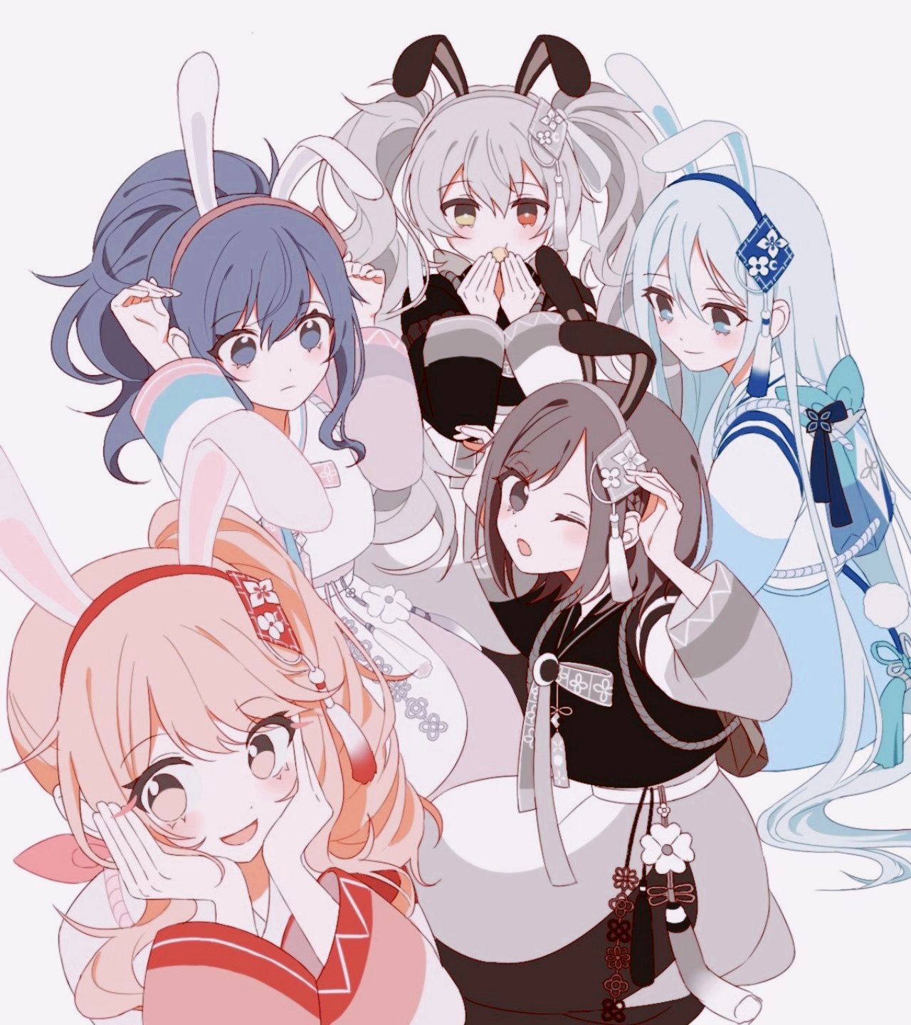 1other 25-ji_miku 25-ji_nightcord_de._(project_sekai) 4girls akiyama_mizuki animal_ears asahina_mafuyu blue_hairband brown_eyes brown_hair fake_animal_ears grey_hair hairband hanbok hatsune_miku heterochromia high_ponytail highres ian_(ioio25) korean_clothes long_hair long_sleeves multiple_girls pink_eyes pink_hair pink_hairband project_sekai purple_hair rabbit_ears shinonome_ena side_ponytail simple_background twintails very_long_hair vocaloid white_background white_hair white_hairband yoisaki_kanade