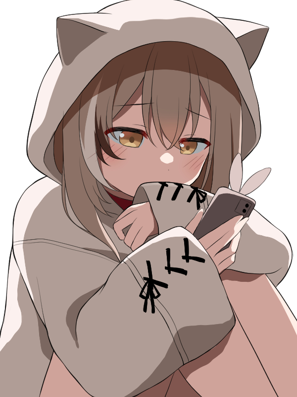 1girl animal_hood backlighting blush brown_eyes brown_hair brown_hoodie cellphone crossed_bangs ears_through_headwear hololive hololive_english hood hood_up hoodie hugging_own_legs knees_to_chest long_hair looking_at_phone multicolored_hair nanashi_mumei nanashi_mumei_(3rd_costume) nero_(starlightbrakerexfb) official_alternate_costume oversized_clothes phone red_shirt shirt sleeves_past_wrists smartphone streaked_hair virtual_youtuber wide_sleeves