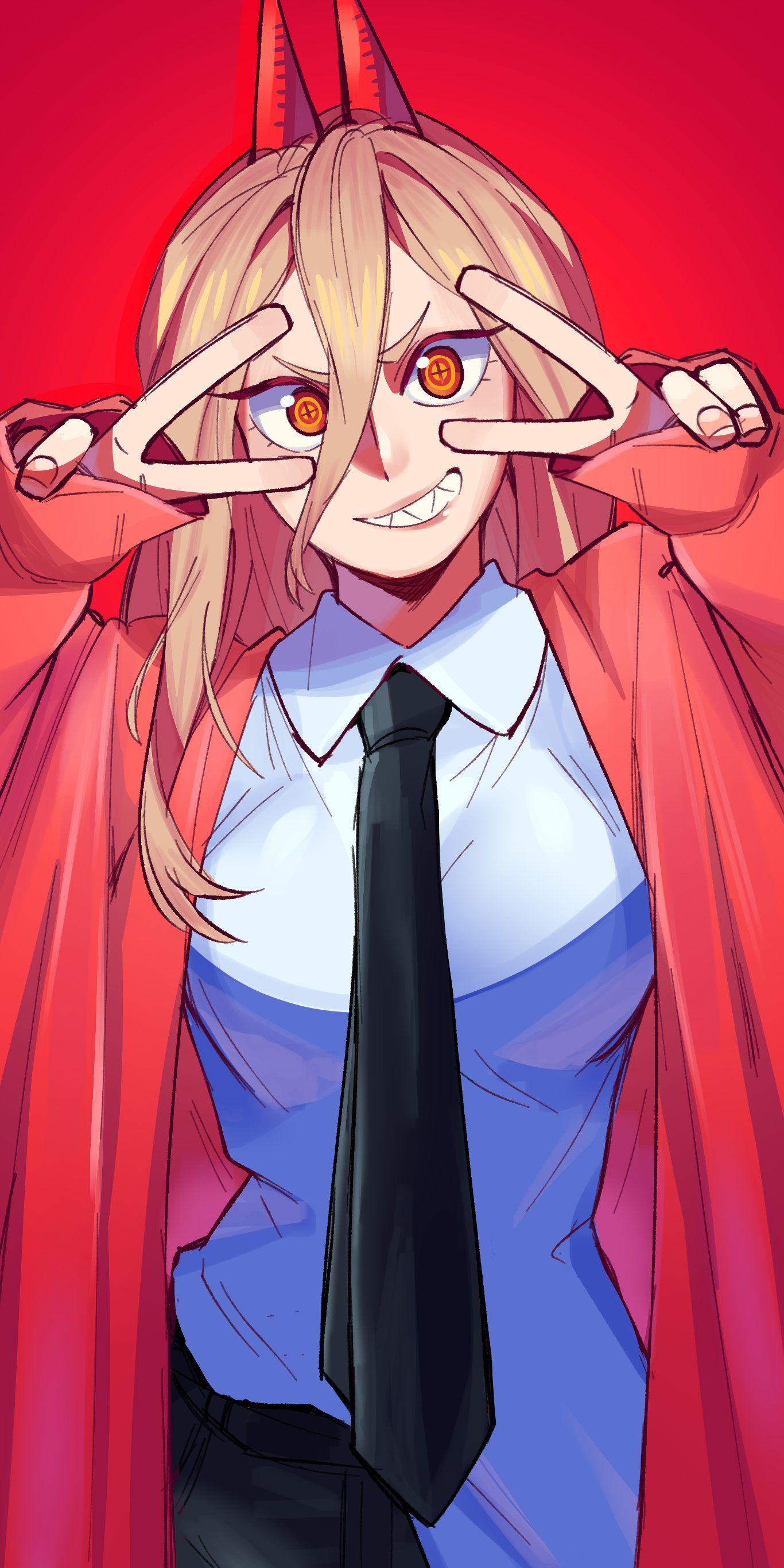 1girl absurdres black_necktie black_pants blonde_hair chainsaw_man collared_shirt cross-shaped_pupils double_v hair_between_eyes highres horns jacket long_hair looking_at_viewer maejpg_. necktie orange_eyes pants parted_lips power_(chainsaw_man) red_background red_horns red_jacket sharp_teeth shirt shirt_partially_tucked_in shirt_tucked_in simple_background sleeves_past_wrists smile solo symbol-shaped_pupils teeth v white_shirt
