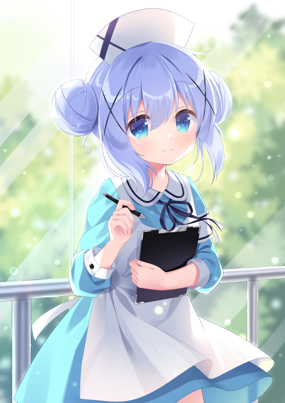 1girl apron blue_dress blue_eyes blue_hair blue_ribbon blush clipboard closed_mouth collared_dress commentary_request double_bun dress gochuumon_wa_usagi_desu_ka? hair_between_eyes hair_bun hair_ornament hat holding holding_pencil ikataruto kafuu_chino looking_at_viewer neck_ribbon nurse nurse_cap pencil railing ribbon sidelocks smile solo white_apron white_headwear window x_hair_ornament