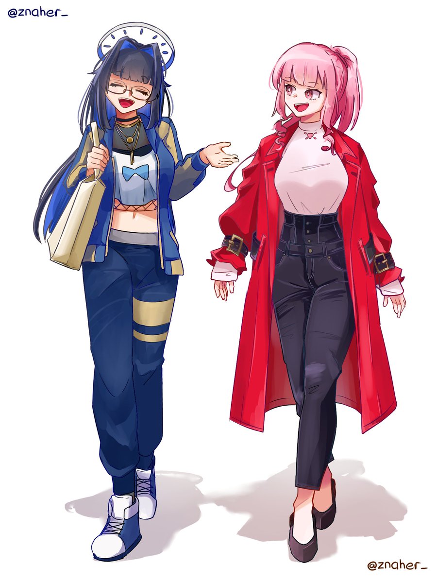 2girls bag blue_eyes blue_hair bow clock closed_eyes closed_mouth cosplay costume_switch hair_intakes handbag highres hololive hololive_english jacket jewelry long_hair long_sleeves mori_calliope multicolored_hair multiple_girls open_mouth ouro_kronii pink_eyes pink_hair shirt shoes smile sneakers twitter_username virtual_youtuber white_background znaher