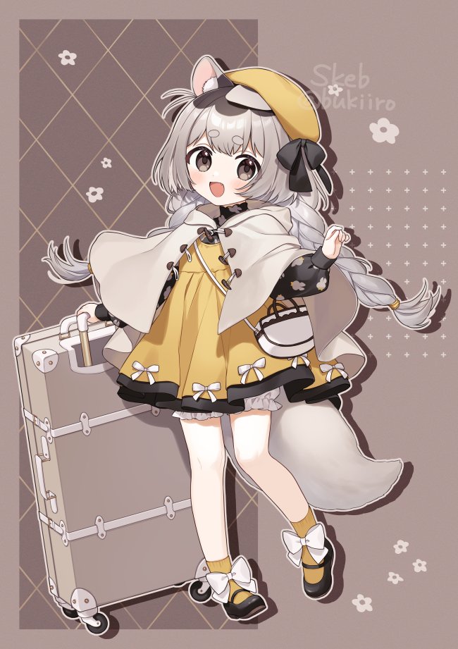 1girl :d animal_ears bag beret black_bow black_footwear bloomers blush bow braid brown_background brown_eyes capelet commentary_request commission copyright_request dress fang full_body grey_capelet grey_hair hat long_hair long_sleeves looking_at_viewer low_twintails pleated_dress puffy_long_sleeves puffy_sleeves rolling_suitcase shoes short_eyebrows shoulder_bag skeb_commission smile socks solo standing standing_on_one_leg suitcase tail thick_eyebrows tilted_headwear twin_braids twintails underwear very_long_hair white_bloomers white_bow yamabukiiro yellow_dress yellow_headwear yellow_socks