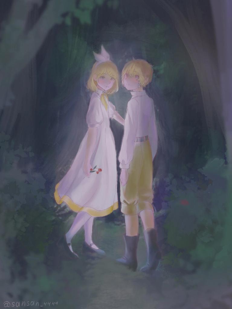 1boy 1girl black_footwear blonde_hair boots bow brother_and_sister bush collared_shirt dress evillious_nendaiki expressionless flower forest green_eyes gretel_(evillious_nendaiki) hair_bow hairband hansel_(evillious_nendaiki) holding holding_flower kagamine_len kagamine_rin long_dress looking_at_viewer looking_back mary_janes nature neckerchief okizari_tsukiyosyou_(vocaloid) pants sansan_4444 shirt shoes short_hair siblings tree turning_head twins twitter_username vocaloid walking white_bow white_dress yellow_neckerchief yellow_pants
