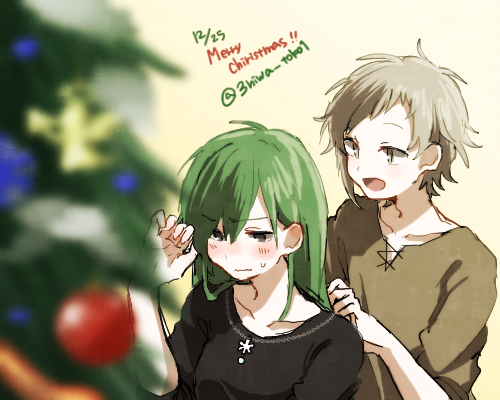 1boy 1girl :| black_shirt blurry blush brown_eyes brown_shirt christmas christmas_ornaments christmas_tree closed_mouth collarbone colored_text commentary_request cross-laced_clothes cross-laced_slit dated depth_of_field diagonal_bangs english_text green_hair hair_between_eyes holding_another's_hair kagerou_project kano_shuuya kido_tsubomi light_brown_hair long_bangs long_hair looking_at_another looking_away looking_to_the_side lowres merry_christmas mokemoke_chan notched_neckline open_mouth partial_commentary shirt short_hair short_sleeves straight_hair twitter_username upper_body violet_eyes