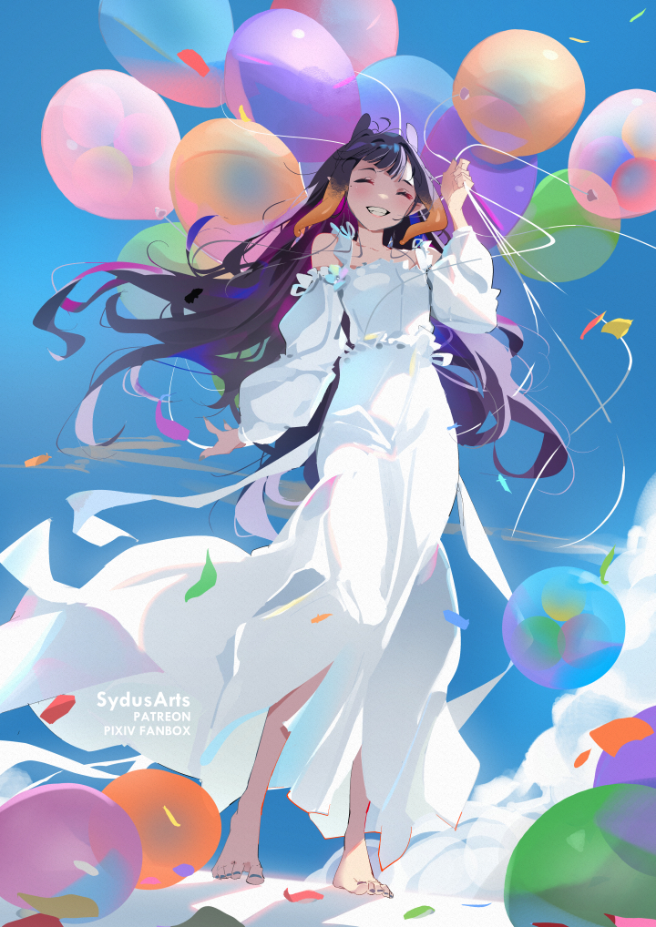 1girl ^_^ balloon clenched_teeth closed_eyes dress fanbox_username hololive hololive_english long_hair long_sleeves ninomae_ina'nis patreon_username smile solo sydus teeth virtual_youtuber white_dress