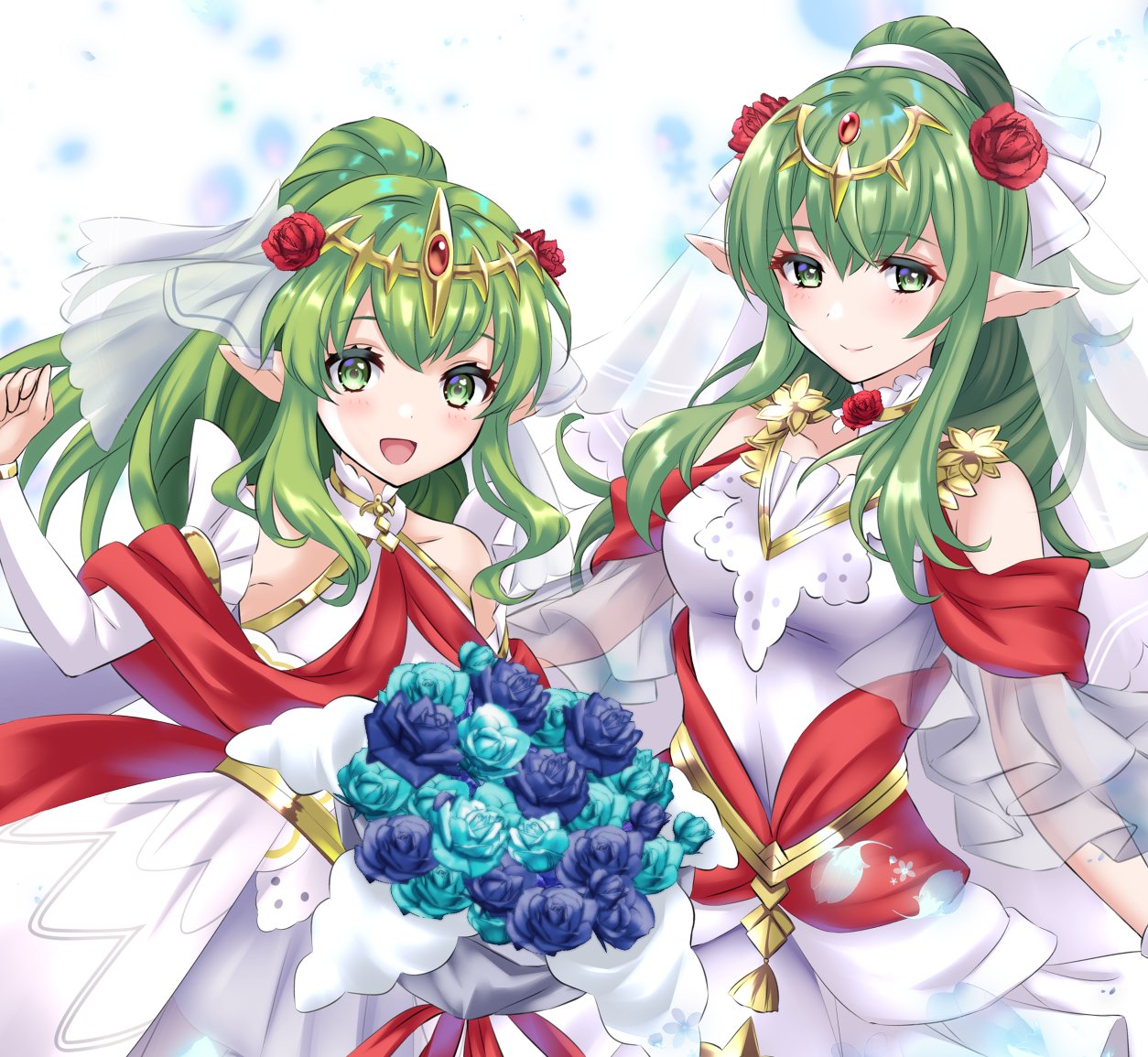 2girls bare_shoulders blue_flower bouquet breasts bridal_veil dress fire_emblem fire_emblem:_mystery_of_the_emblem fire_emblem_awakening fire_emblem_heroes flower green_eyes green_hair hair_flower hair_ornament holding holding_bouquet kakiko210 long_hair looking_at_viewer medium_breasts multiple_girls official_alternate_costume open_mouth pointy_ears ponytail smile tiara tiki_(adult)_(bridal)_(fire_emblem) tiki_(adult)_(fire_emblem) tiki_(fire_emblem) tiki_(young)_(bridal)_(fire_emblem) veil wedding_dress