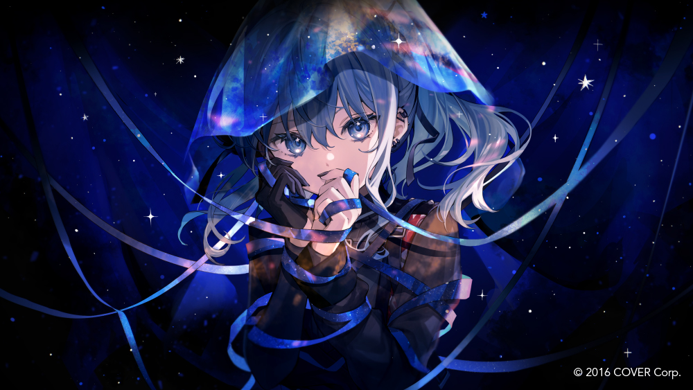 1girl barbell_piercing black_gloves black_nails black_shirt blue_background blue_eyes blue_hair blue_ribbon bound bound_wrists copyright ear_piercing earrings gloves half_gloves hand_to_own_mouth hands_up hkina7 hololive hoshimachi_suisei hoshimachi_suisei_(7th_costume) industrial_piercing jewelry long_hair long_sleeves looking_at_viewer mixed-language_commentary official_alternate_costume official_art piercing ribbon shirt single_glove single_half_glove solo starry_background upper_body veil virtual_youtuber wavy_hair