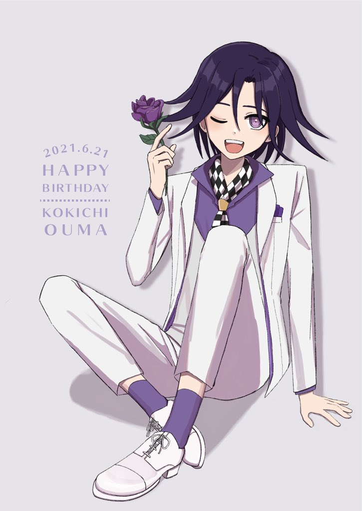 1boy ;d arironpawa arm_support character_name checkered_clothes checkered_scarf collared_shirt danganronpa_(series) danganronpa_10th_anniversary_costume danganronpa_v3:_killing_harmony dated flipped_hair flower grey_background hand_up happy_birthday holding holding_flower jacket knees_up long_sleeves male_focus medium_hair oma_kokichi one_eye_closed open_clothes open_jacket pants pink_eyes pink_shirt purple_flower purple_socks scarf shirt shoes simple_background smile socks teeth upper_teeth_only white_footwear white_jacket white_pants
