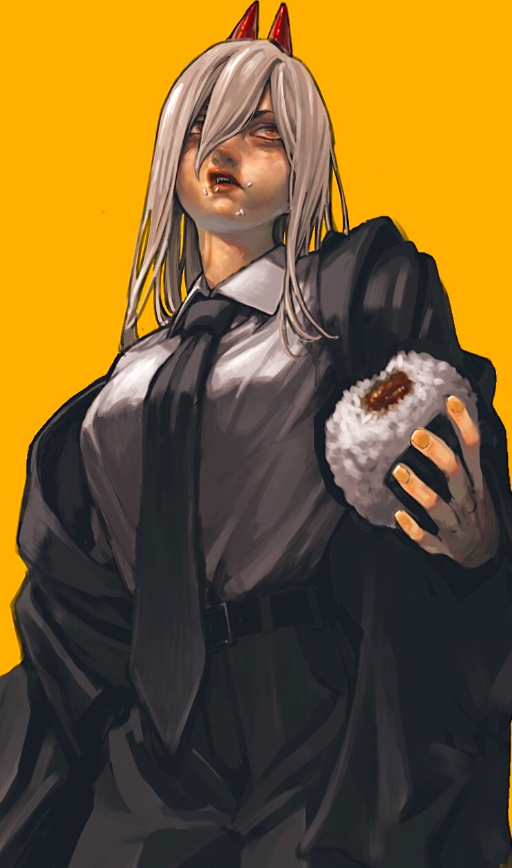 1girl black_jacket black_necktie black_pants blonde_hair breasts chainsaw_man chewing collared_shirt cowboy_shot food food_on_face formal hair_between_eyes hana_minami highres horns jacket large_breasts long_hair looking_up necktie onigiri open_mouth pants power_(chainsaw_man) red_horns rice rice_on_face sharp_teeth shirt shirt_tucked_in simple_background solo suit suit_jacket teeth white_shirt yellow_background