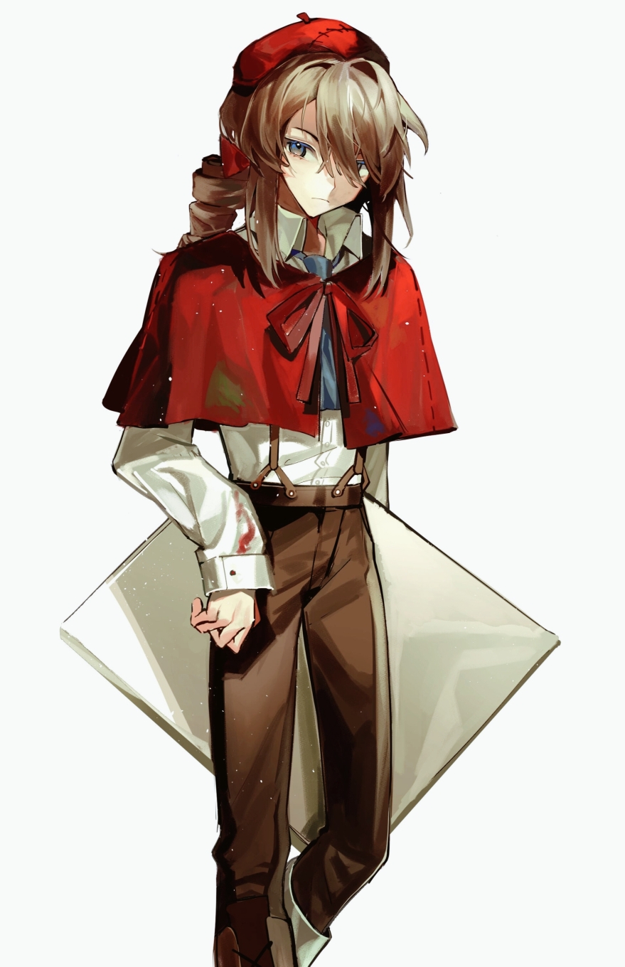 1boy beret blood blood_on_clothes blue_eyes blue_necktie boots bow brown_hair canvas_(object) capelet closed_mouth collared_shirt cross-laced_footwear drill_ponytail edgar_valden hair_bow hair_intakes hair_over_one_eye hand_on_own_hip hat highres identity_v kaminai404 knee_boots knee_up lace-up_boots long_sleeves looking_at_viewer male_focus medium_hair necktie paint_stains red_bow red_capelet red_headwear shirt sidelocks sideways_glance simple_background single_drill sleeve_cuffs solo standing suspenders white_background white_shirt
