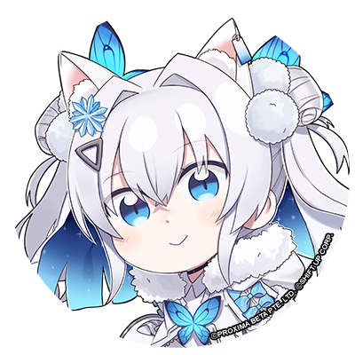 1girl animal_ear_fluff animal_ears black_choker blue_eyes blush_stickers butterfly_hair_ornament chibi choker closed_mouth crossed_bangs double_bun fur-trimmed_jacket fur_trim goddess_of_victory:_nikke grey_hair hair_bun hair_intakes hair_ornament hairclip jacket long_hair looking_at_viewer lowres n102_(miracle_fairy)_(nikke) n102_(nikke) official_alternate_costume official_art round_image simple_background smile solo totatokeke twintails upper_body white_jacket