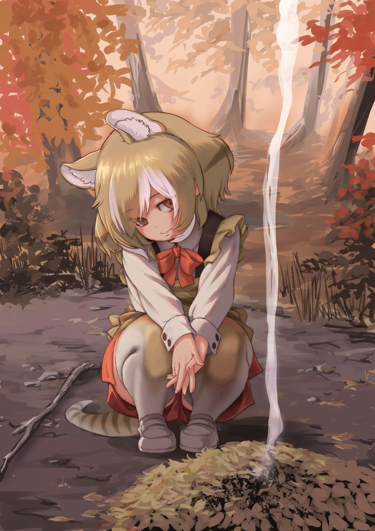 1girl animal_ears brown_eyes brown_hair forest highres kemono_friends kosai_takayuki looking_at_viewer multicolored_hair nature outdoors pleated_skirt red_skirt short_hair skirt smoke solo squatting tail thigh-highs thylacine_(kemono_friends) tree white_footwear white_hair