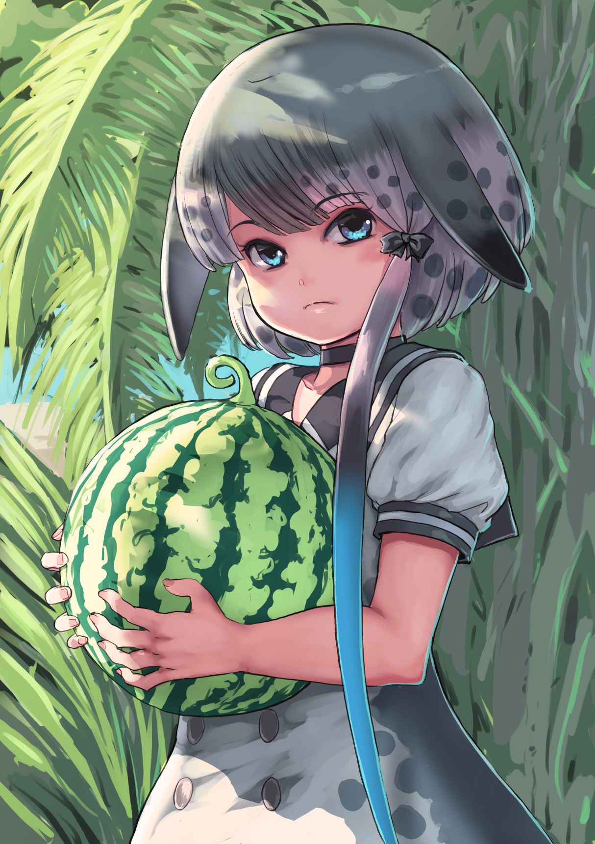 1girl black_bow blue_eyes blue_hair bow choker closed_mouth collarbone day food fruit gradient_hair grey_hair hair_bow highres holding holding_food kemono_friends kosai_takayuki looking_at_viewer multicolored_hair narwhal_(kemono_friends) outdoors short_hair short_sleeves solo watermelon white_hair