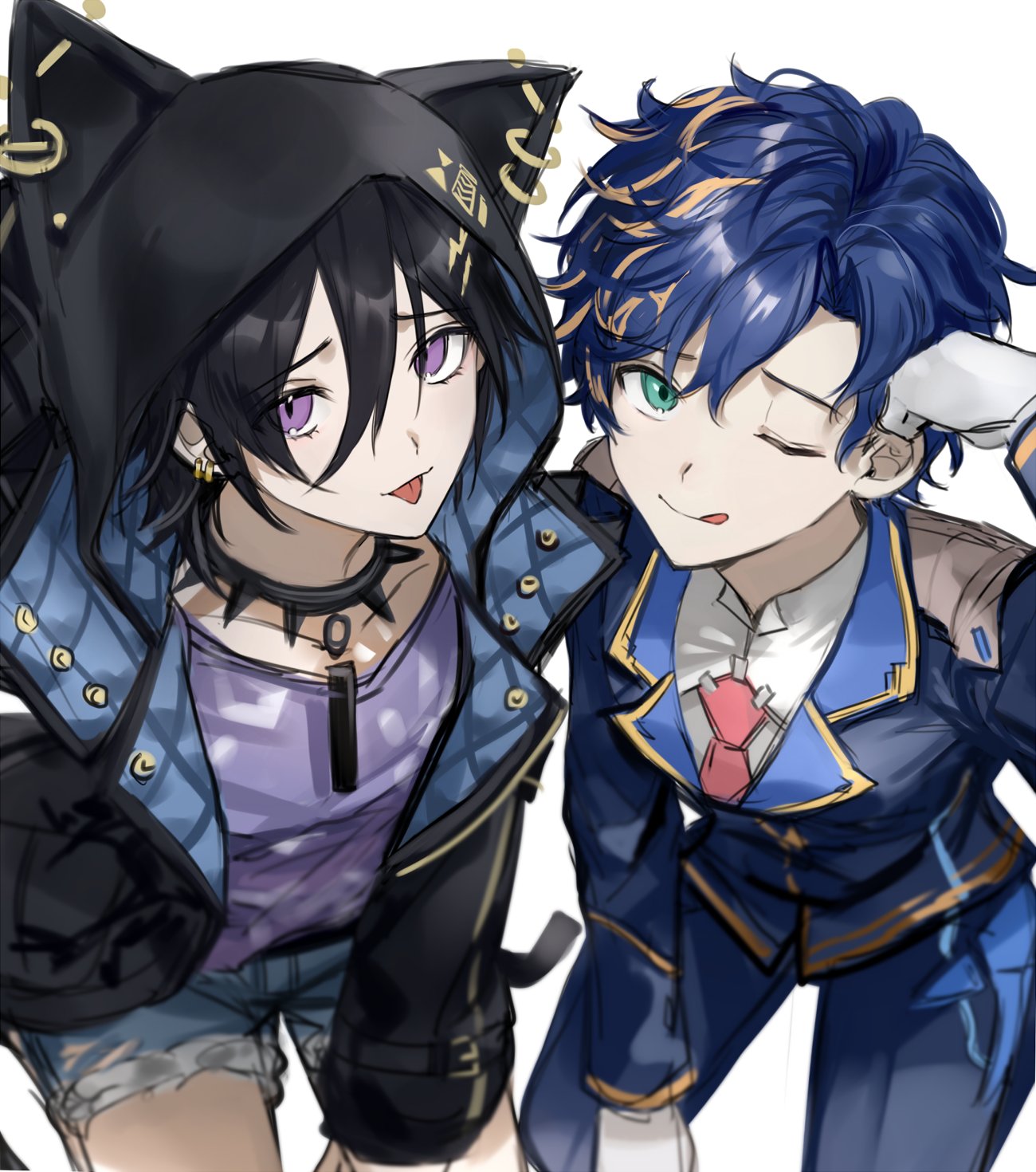 2boys :p ;p animal_hood aqua_eyes astel_leda belt black_belt black_collar black_hair black_jacket blonde_hair blue_hair blue_jacket blue_pants cat_hood collar cowboy_shot denim denim_shorts dojikko_pose earrings gloves hair_between_eyes hair_ornament hairclip hand_up highres holostars hood hood_up jacket jewelry kanade_izuru kisi_hana lapels leaning_forward lightning_bolt_hair_ornament lightning_bolt_symbol long_bangs looking_at_viewer male_focus multicolored_hair multiple_boys necktie notched_lapels one_eye_closed open_clothes open_jacket padded_jacket pants purple_shirt red_necktie shirt short_hair short_shorts shorts simple_background spiked_collar spikes streaked_hair swept_bangs tehepero tongue tongue_out violet_eyes virtual_youtuber white_background white_gloves white_shirt