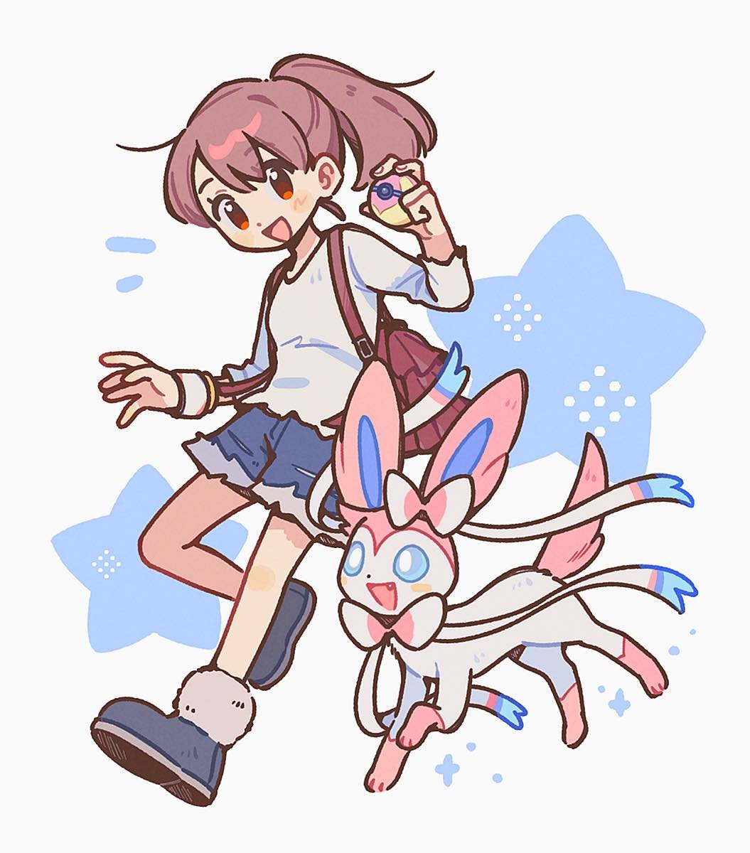 1girl backpack bag blue_shorts blush brown_eyes brown_hair full_body highres jen_(aaasylum) long_hair love_ball original poke_ball pokemon pokemon_(creature) ponytail shirt shorts smile star_(symbol) sylveon white_shirt