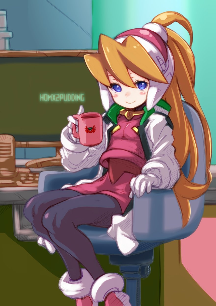blonde_hair blue_eyes bodystocking breasts chair ciel_(mega_man) cup gloves high_heels highres holding holding_cup lab_coat long_hair looking_at_viewer mega_man_(series) mega_man_zero office_chair pink_headwear ponytail puddinghomhom sitting skirt small_breasts smile swivel_chair