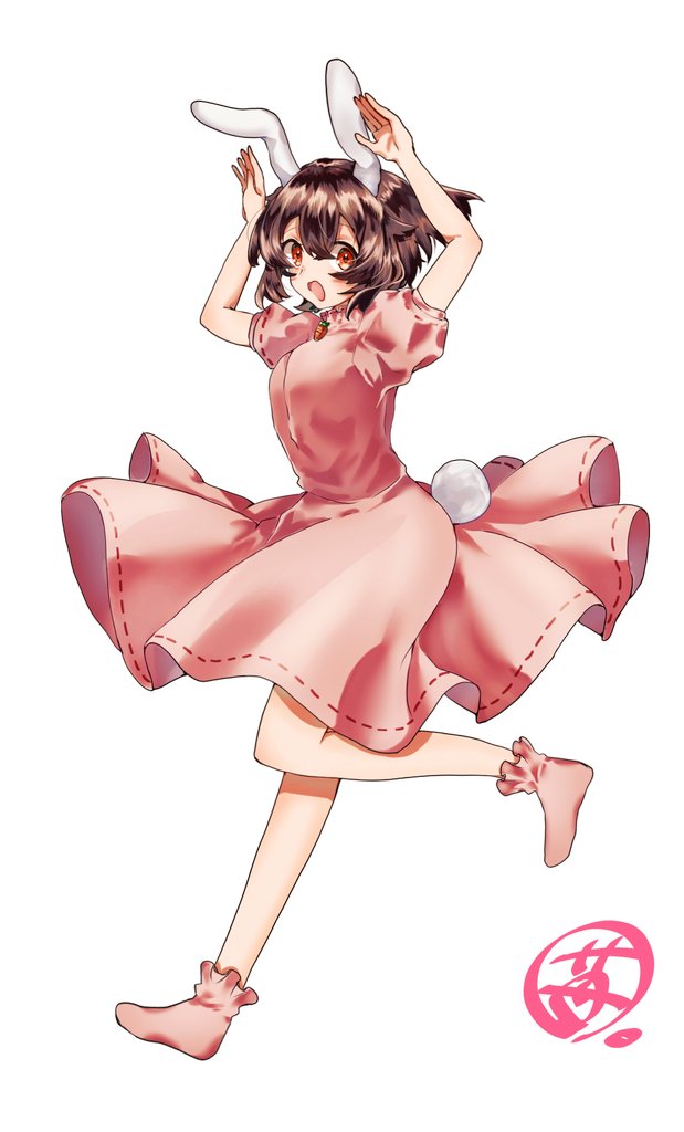 1girl animal_ears brown_hair carrot_necklace commentary_request dress full_body ichigo_maru inaba_tewi jewelry looking_at_viewer necklace open_mouth pink_dress pink_eyes rabbit_ears rabbit_girl rabbit_pose rabbit_tail red_eyes ribbon-trimmed_dress short_hair short_sleeves signature simple_background solo tail touhou white_background