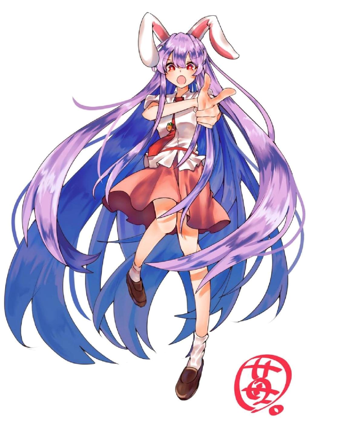 1girl animal_ears black_footwear carrot_pin collared_shirt commentary_request full_body highres ichigo_maru long_hair looking_at_viewer necktie pink_skirt purple_hair rabbit_ears rabbit_girl red_eyes red_necktie reisen_udongein_inaba shirt signature simple_background skirt socks solo touhou white_background white_shirt white_socks