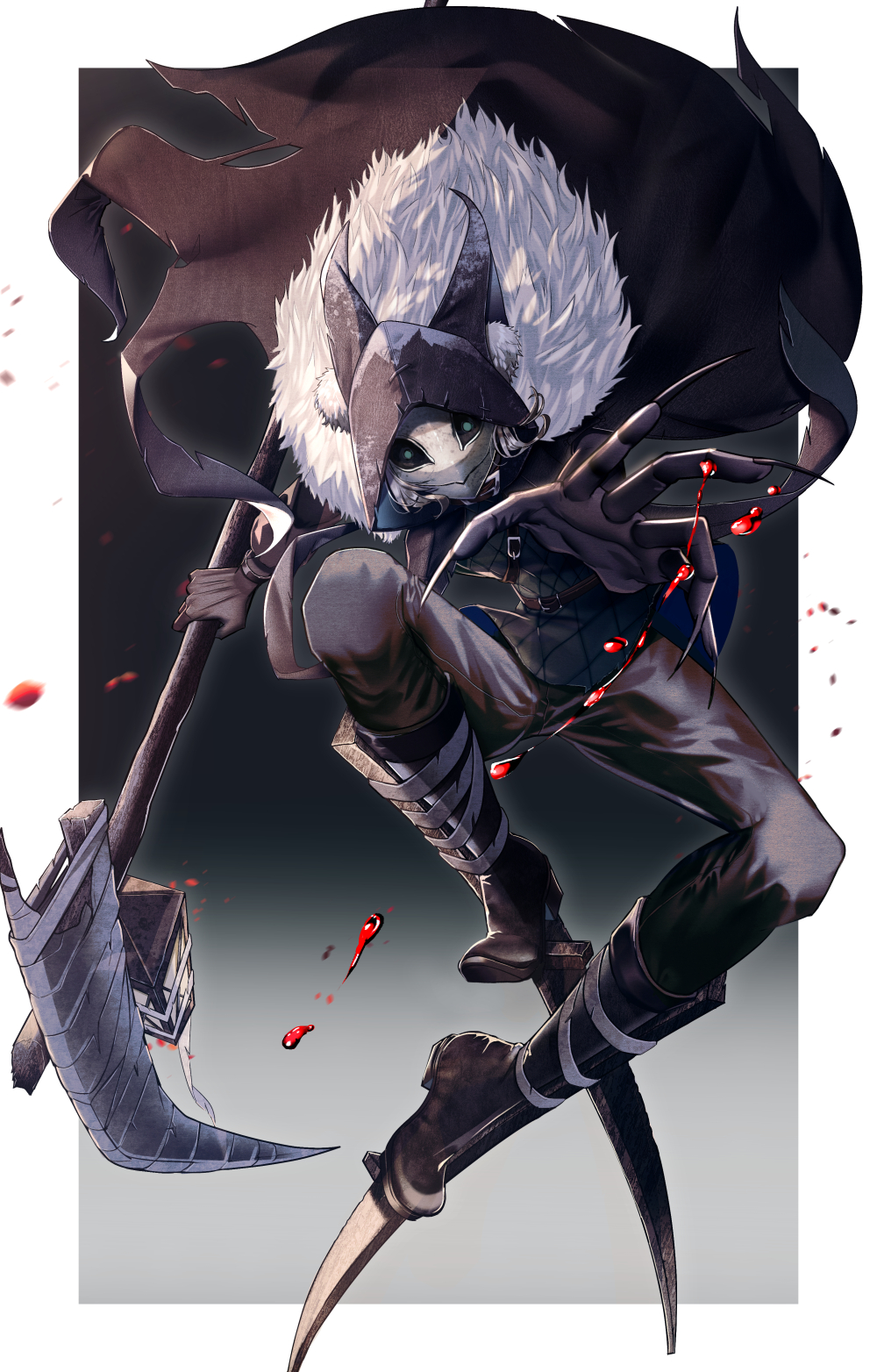 1boy :&gt; animal_ear_fluff animal_ears animal_hood axe bandages belt black_footwear black_gloves black_sclera blood blue_eyes boots cloak colored_sclera fake_animal_ears fingernails frost full_body fur-trimmed_cloak fur_trim gloves highres holding holding_axe hood hood_up hooded_cloak identity_v ithaqua_(identity_v) jumping knee_boots lantern long_fingernails long_sleeves looking_at_viewer male_focus mask midair multiple_belts pikopin reaching reaching_towards_viewer sharp_fingernails short_hair solo stilts torn_cloak torn_clothes white_hair