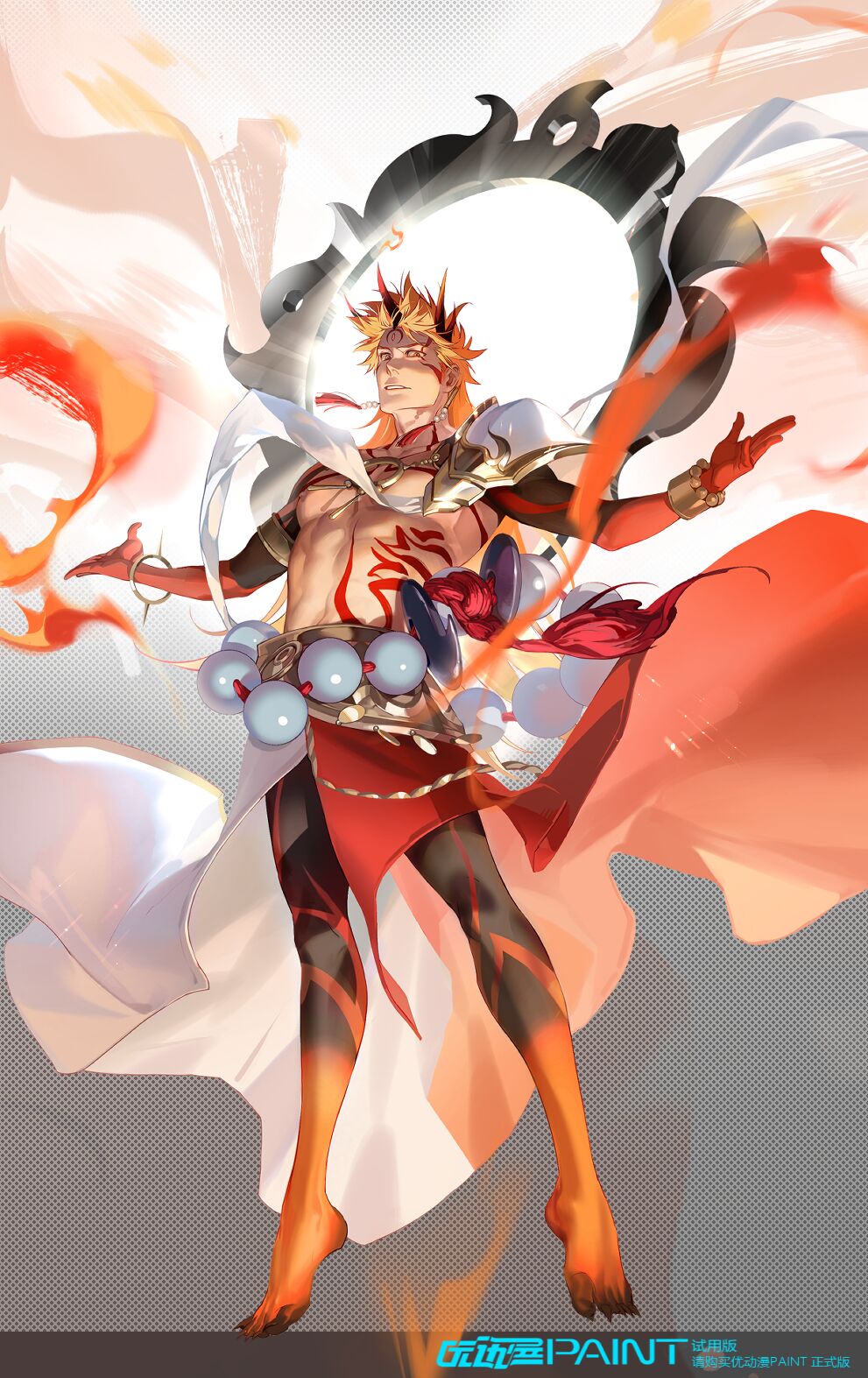 1boy armor beads bleach bleach:_brave_souls bracelet facial_mark forehead_mark highres horns japanese_clothes jewelry kurosaki_ichigo long_hair looking_at_viewer male_focus oni_horns open_mouth orange_hair pauldrons prayer_beads sharp_toenails shoulder_armor single_pauldron solo stomach_tattoo tattoo tobu_0w0 toenails