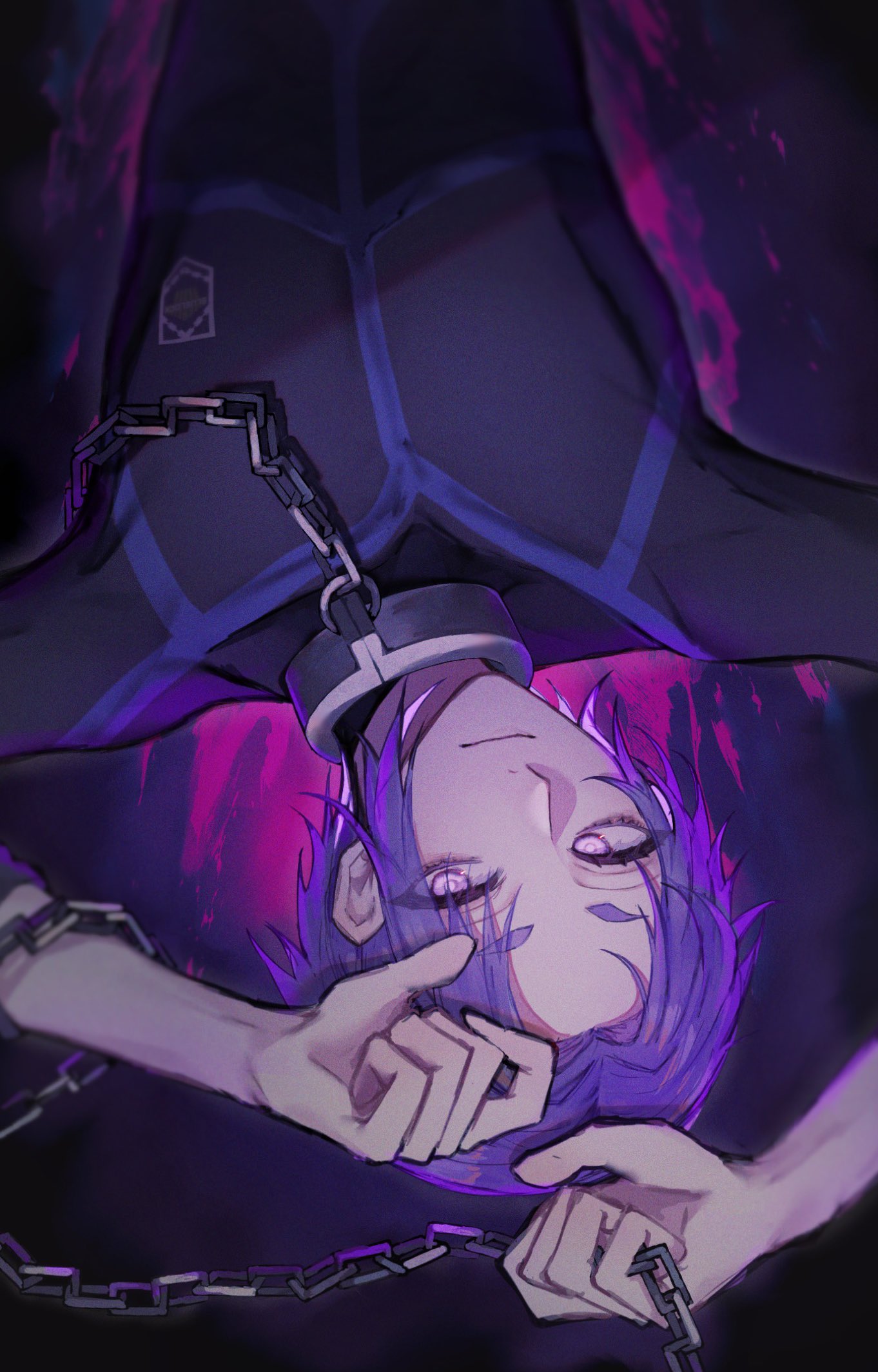 1boy blue_lock chain closed_mouth collar commentary highres holding holding_chain koumimi lying male_focus mikage_reo purple_hair short_hair solo sportswear upper_body violet_eyes